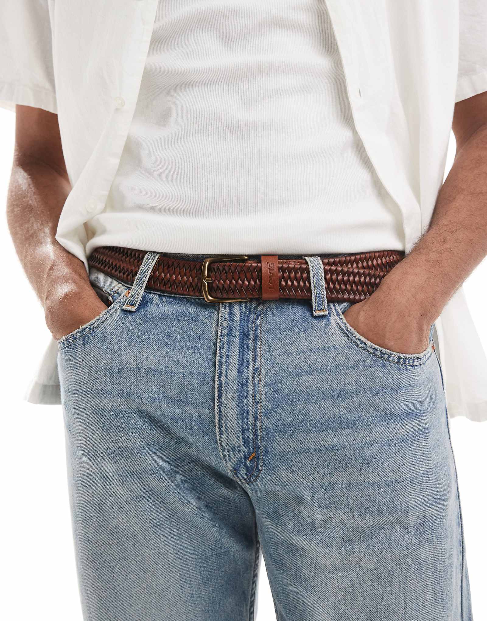 Кожаный эластичный плетеный ремень Levis коричневого цвета 14290₽