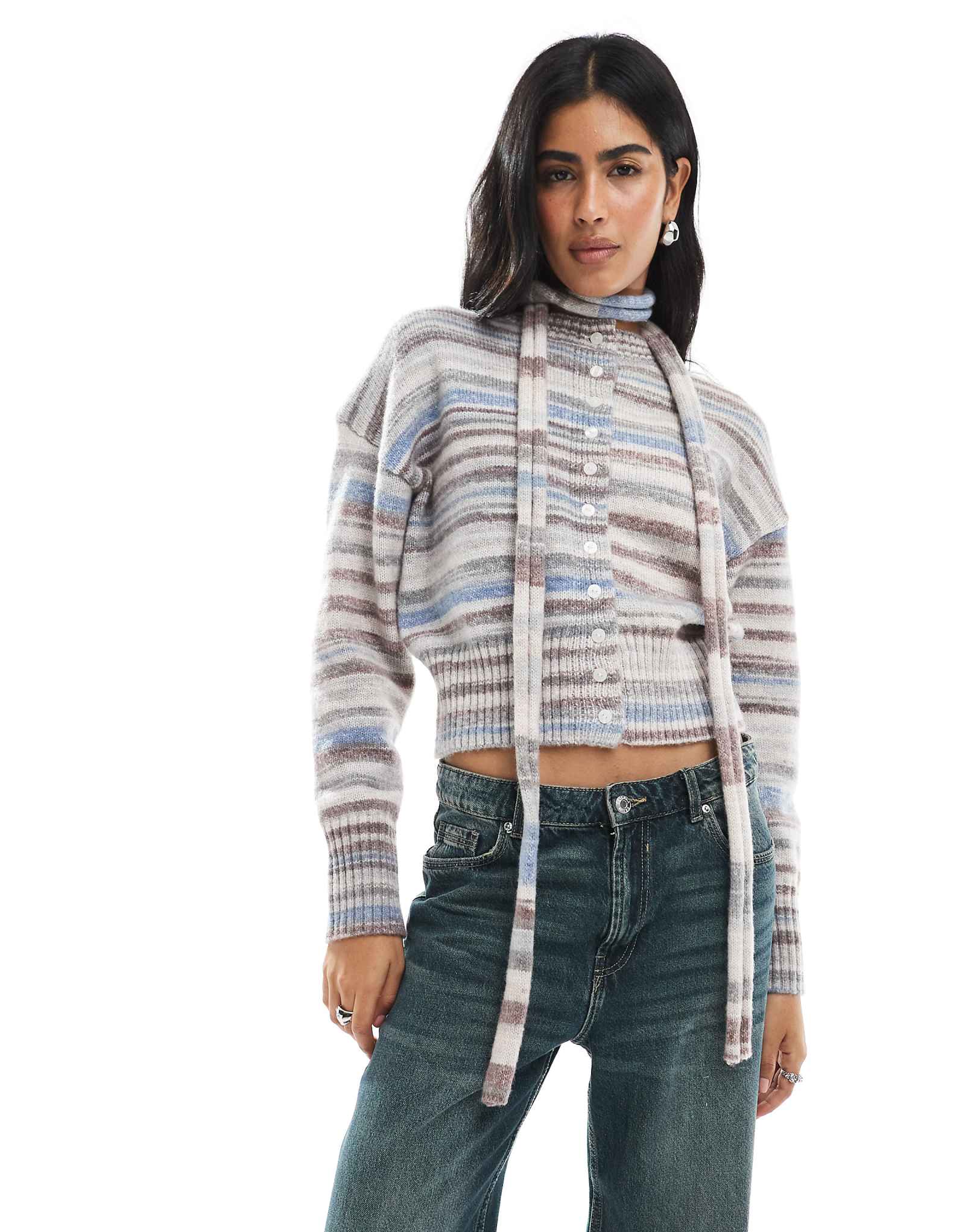 Кардиган на пуговицах в полоску из вереска Daisy Street space dye с разноцветным шарфом 10590₽