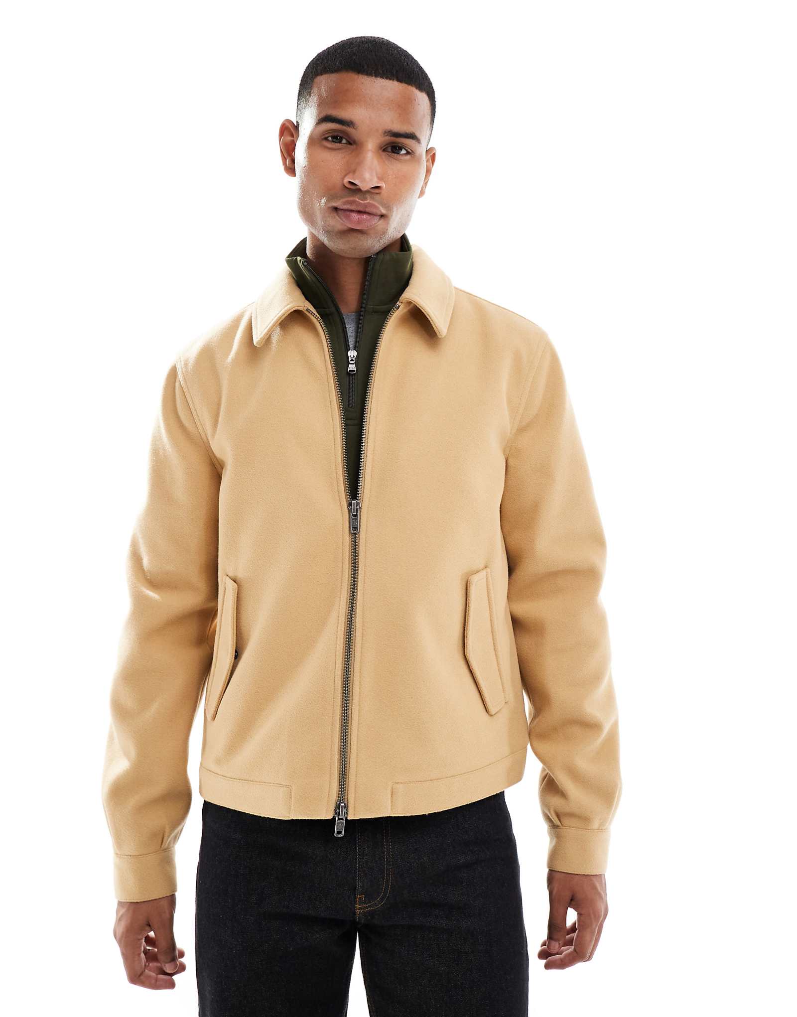 Шерстяная куртка харрингтон ASOS DESIGN цвета верблюжьей шерсти 17390₽