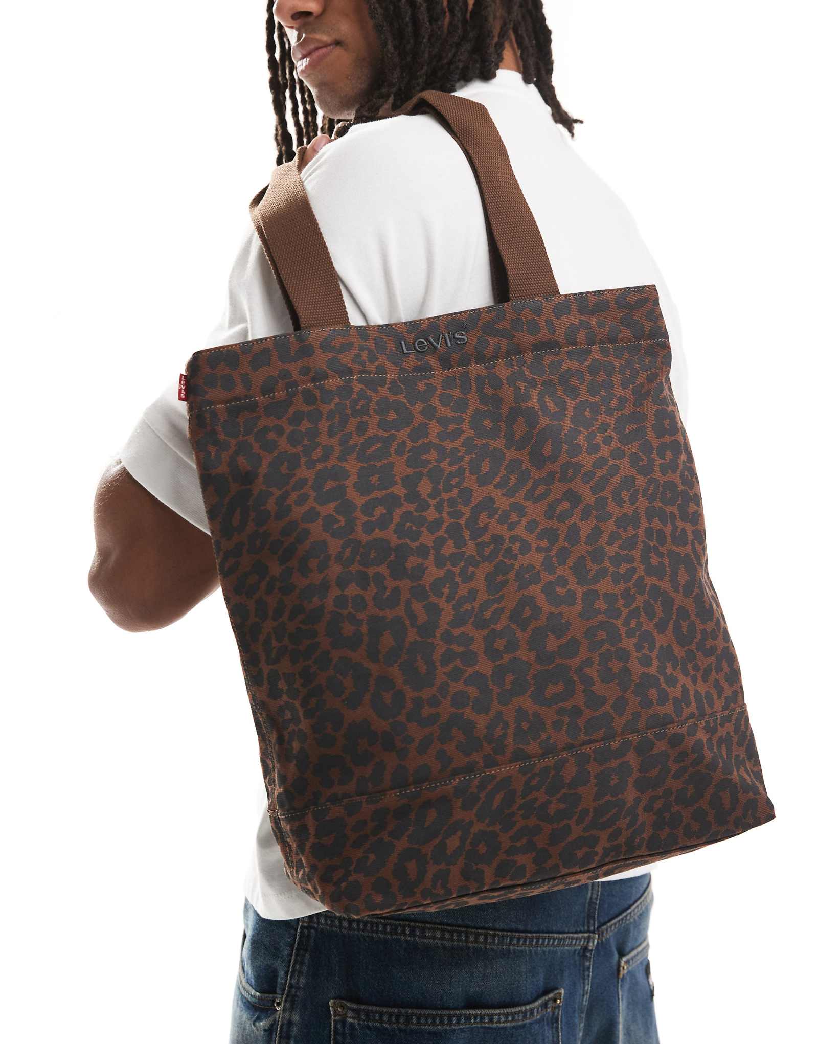 Холщовая сумка Levis с леопардовым принтом темно-коричневого цвета 14090₽