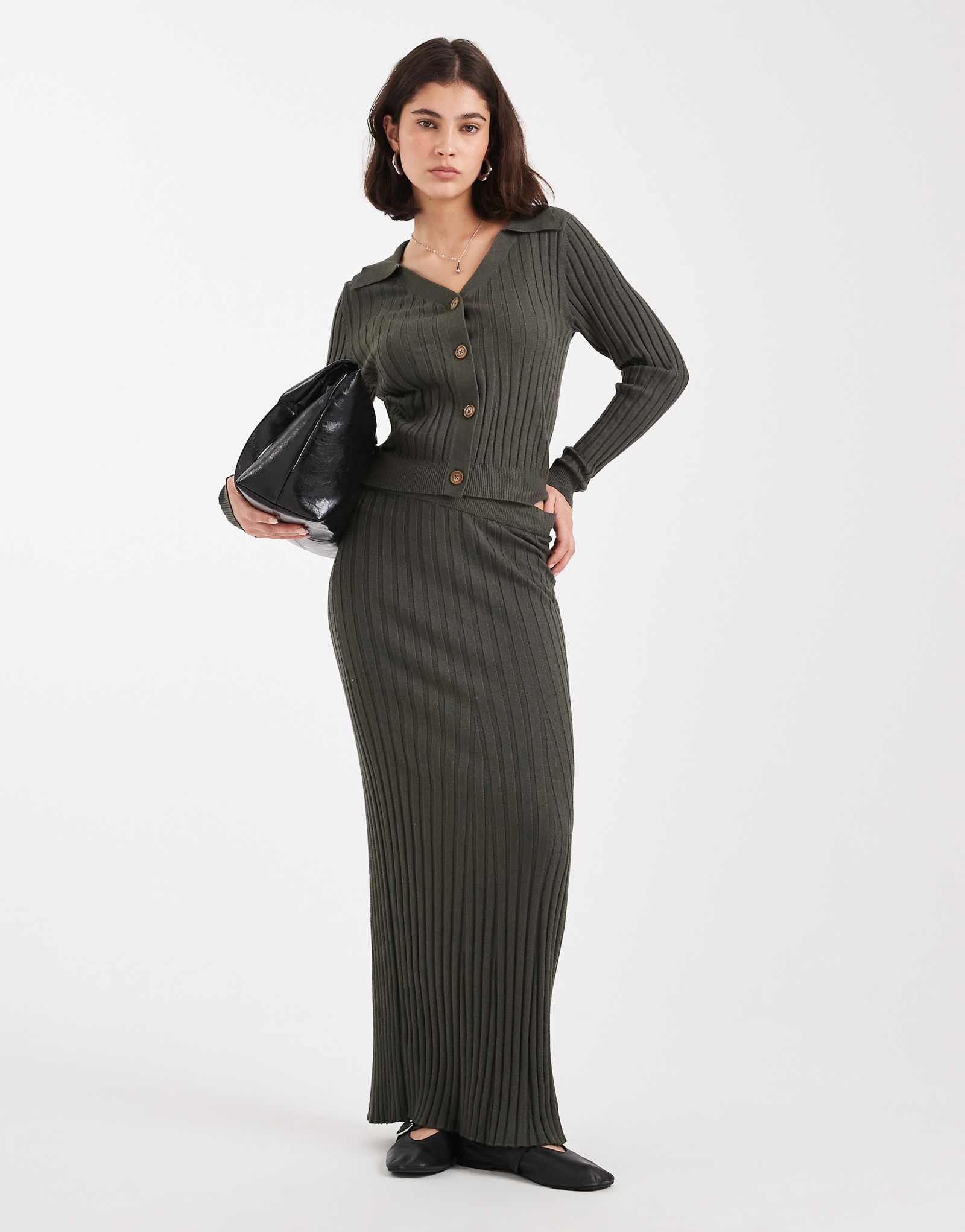 Юбка макси из трикотажа Object rib насыщенного зеленого цвета хаки - часть комплекта