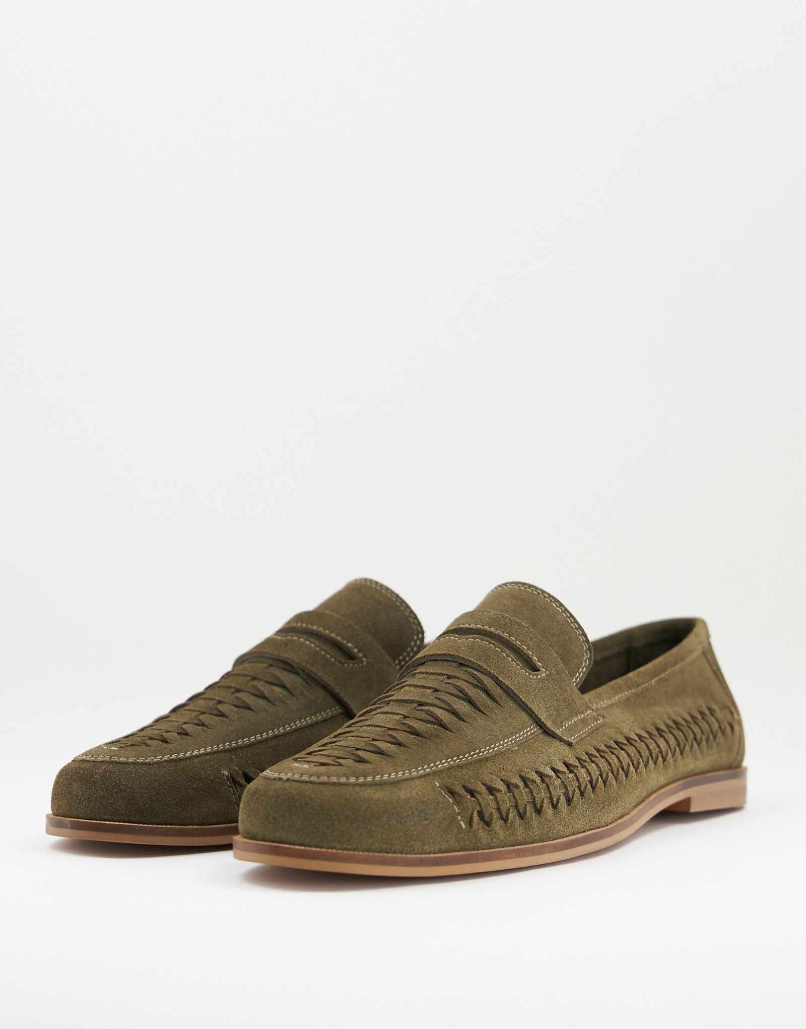 Плетеные мокасины Walk London Arrow penny из замши цвета хаки 9890₽