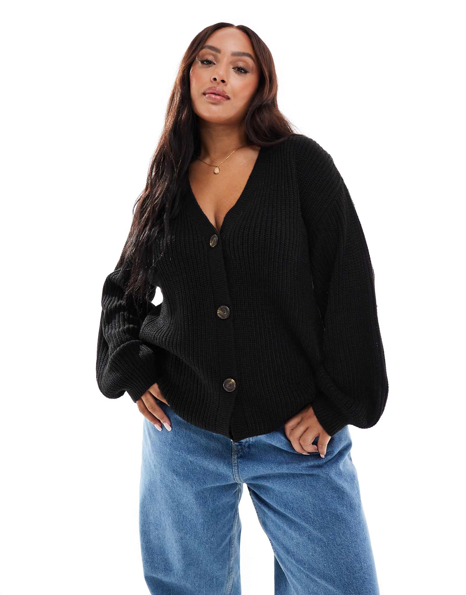 Черный кардиган из плотной трикотажной ткани в рубчик на пуговицах Vero Moda Curve