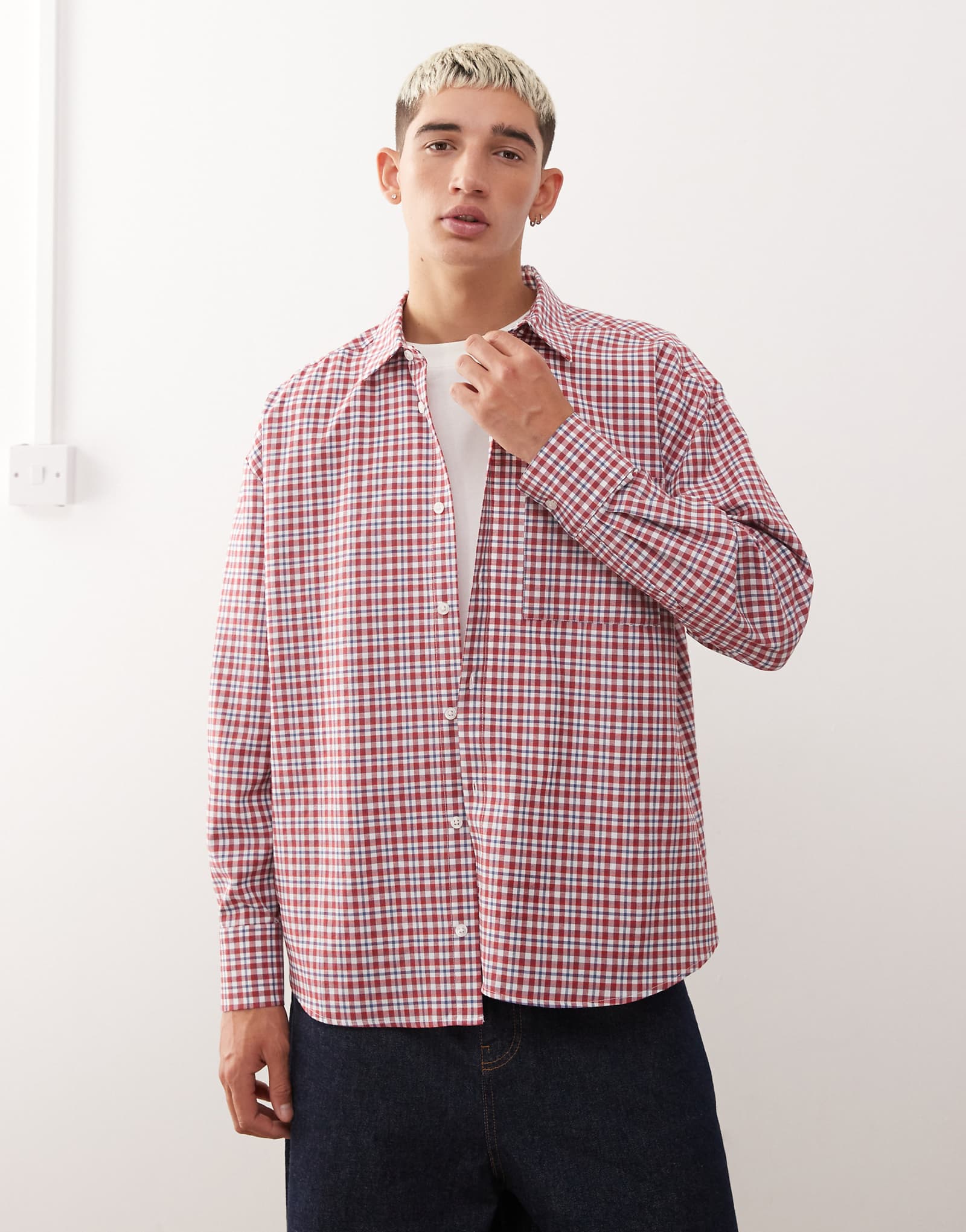 Восстановленная винтажная рубашка свободного кроя с длинным рукавом в синюю и красную клетку