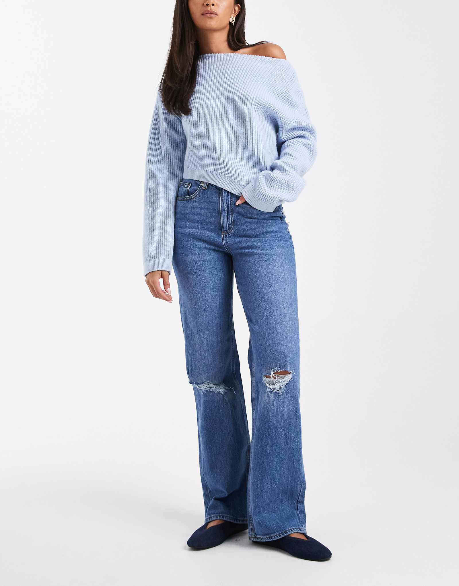 Джинсы Vero Moda Tessa с высокой посадкой и широкими штанинами с потертыми коленями темно-синего цвета 17790₽