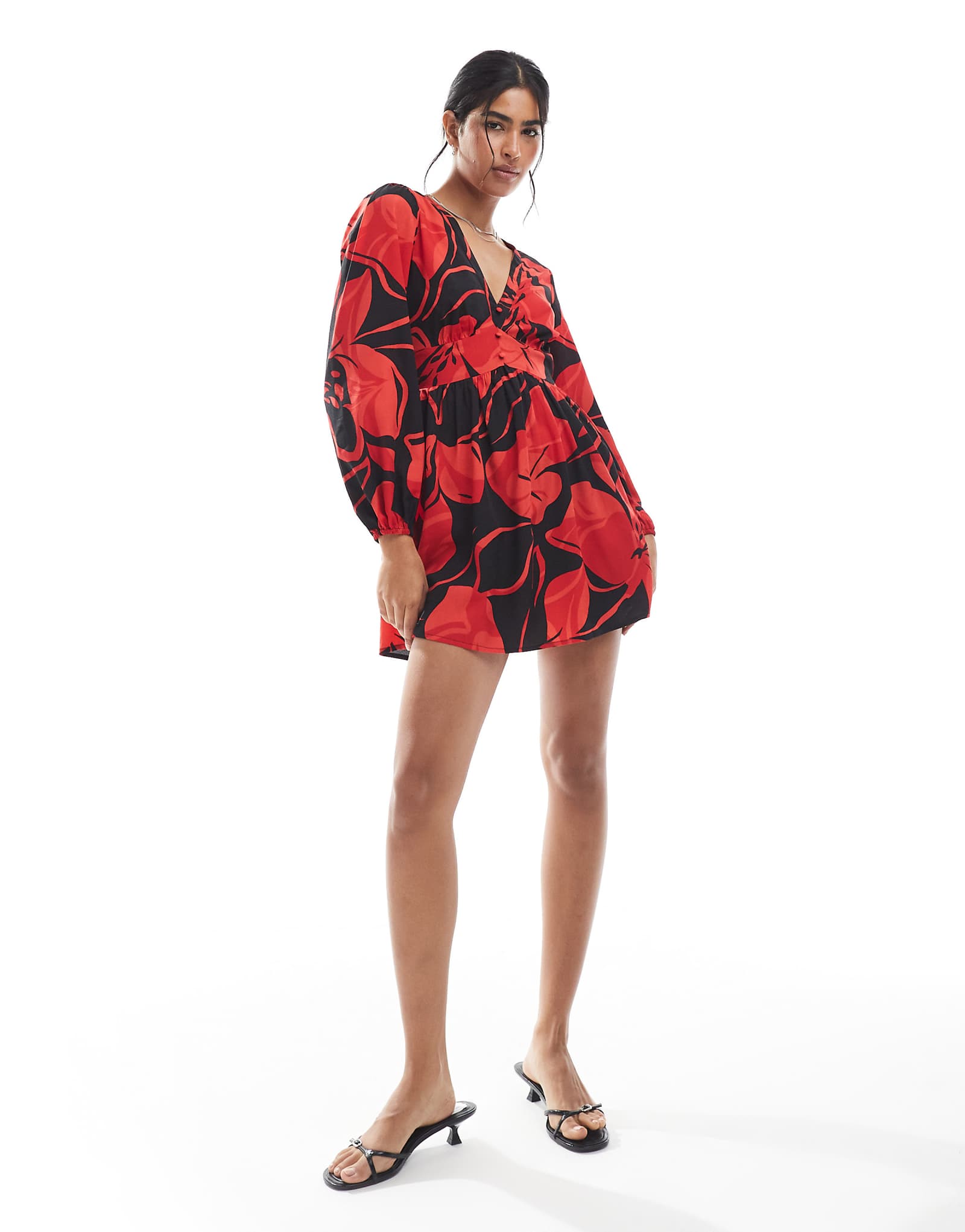 Красное и черное мини-платье Girl bold bloom с V-образным вырезом для девочек в среду 8590₽