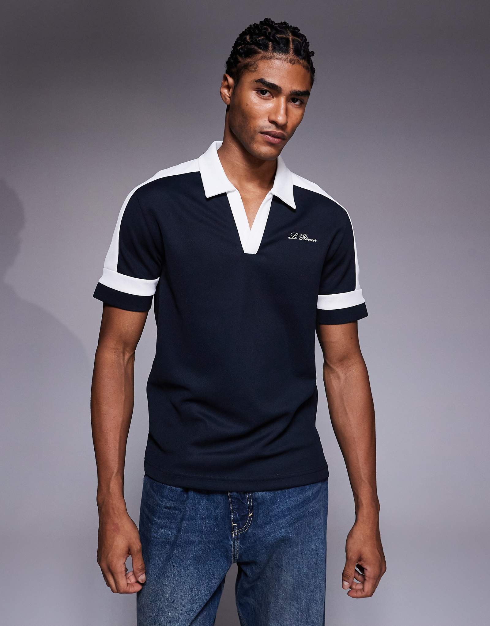 Контрастный топ-поло River Island темно-синего и белого цветов 13290₽