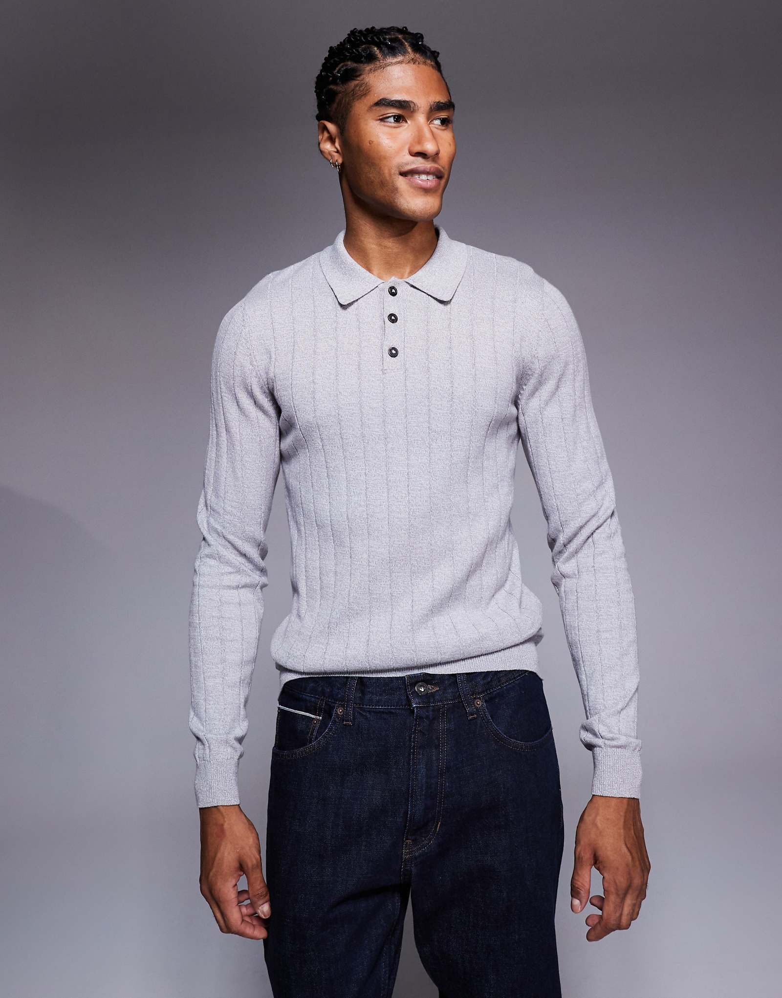 Трикотажное поло ASOS DESIGN muscle fit с длинным рукавом в рубчик из светло-серого вереска 7090₽