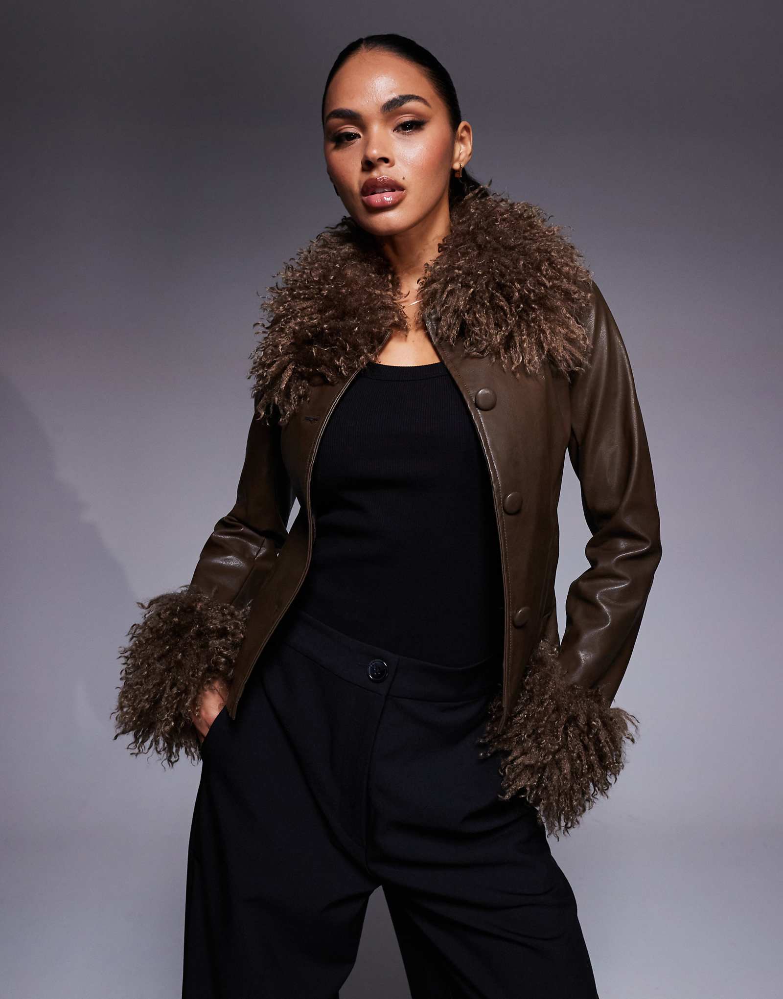 Коричневая кожаная куртка Princess Polly Cupid shaggy с отделкой из искусственного меха