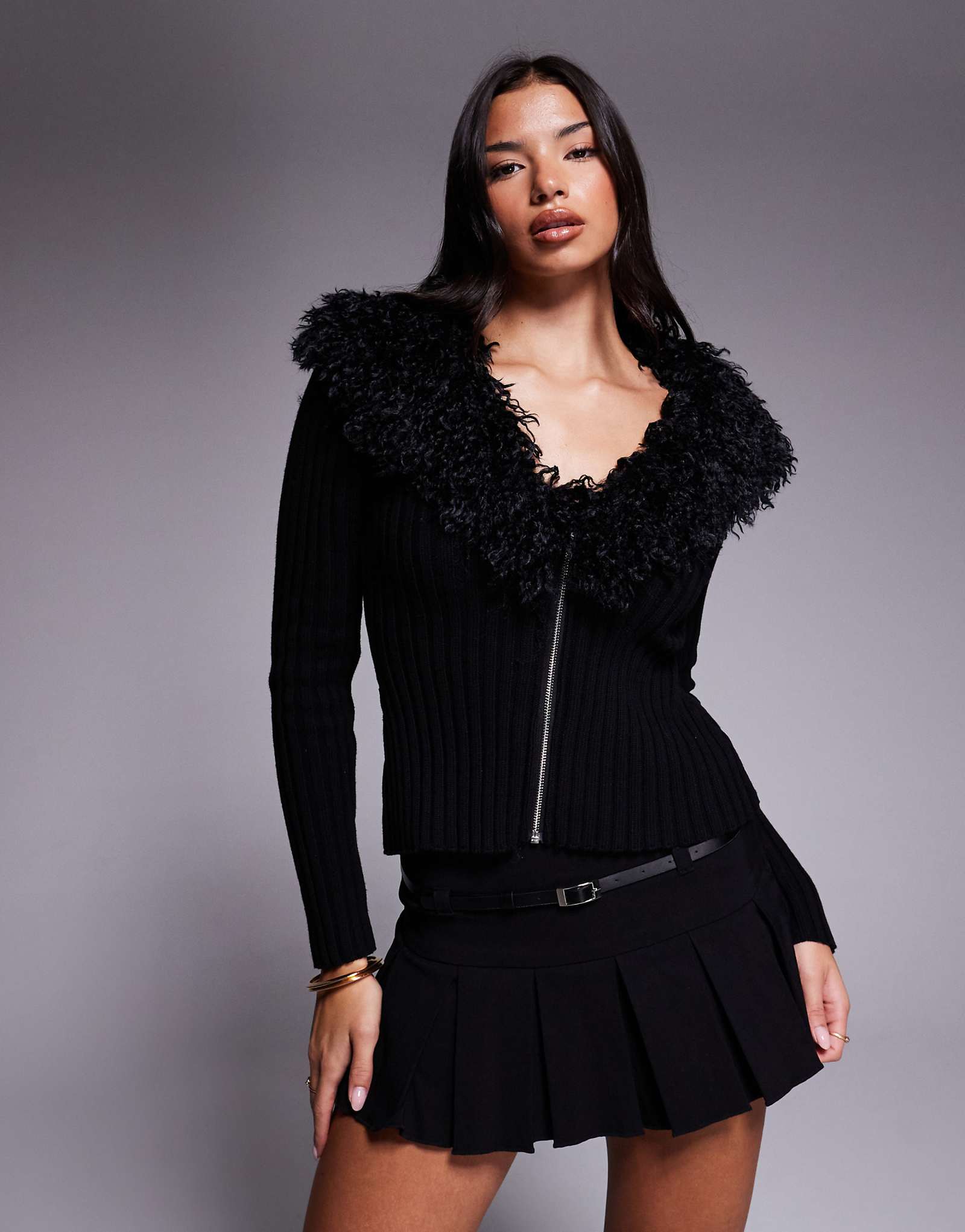 Кардиган в рубчик из чистого хлопка с отделкой из искусственного меха Tiger Mist Brisa черного цвета