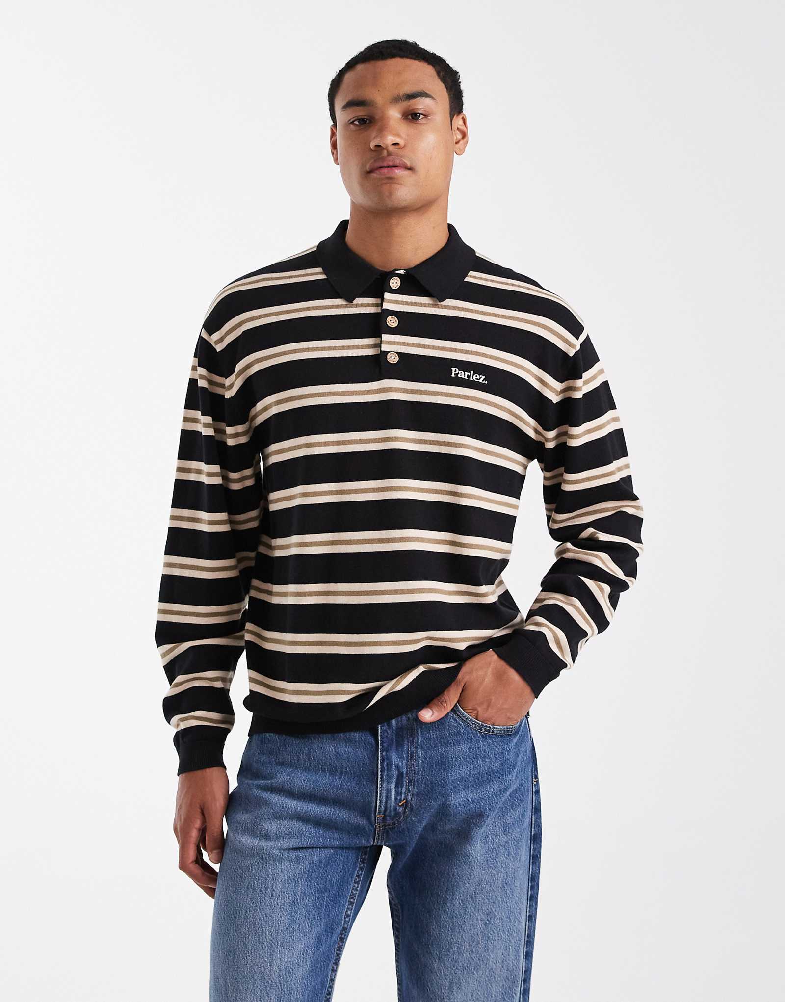 Трикотажное поло с логотипом Parlez с длинным рукавом в черно-коричневую полоску 42490₽