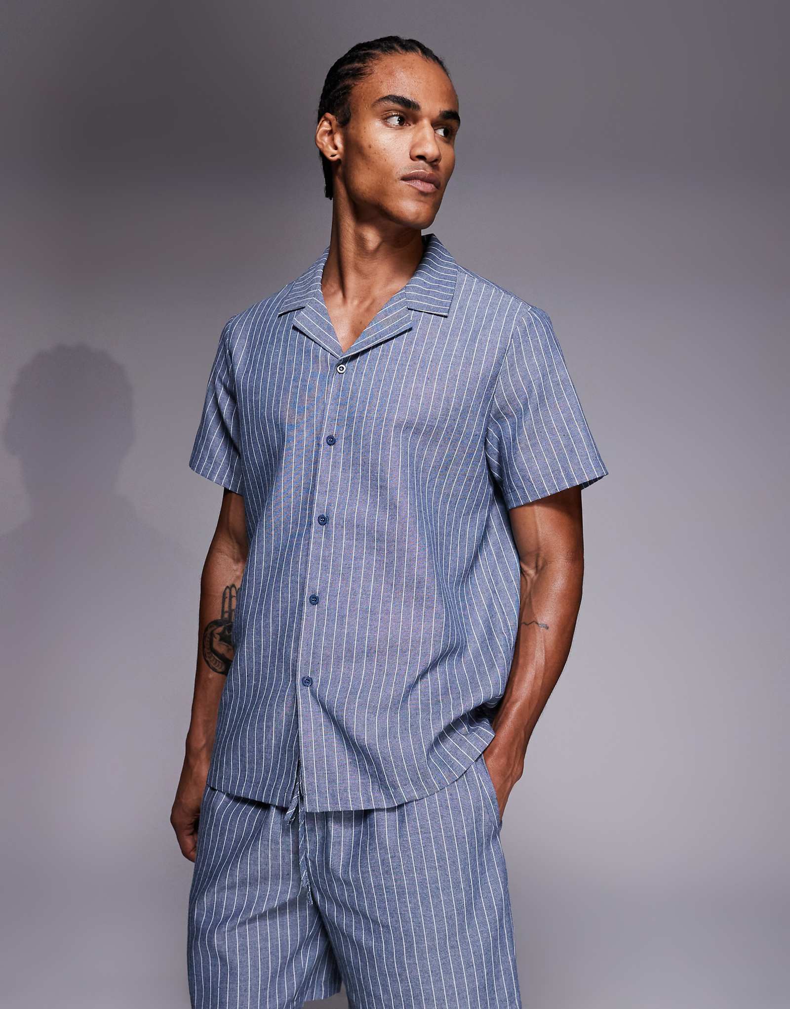 South Beach short sleeve linen mix shirt in faded blue stripes faded blue stripes 9590₽