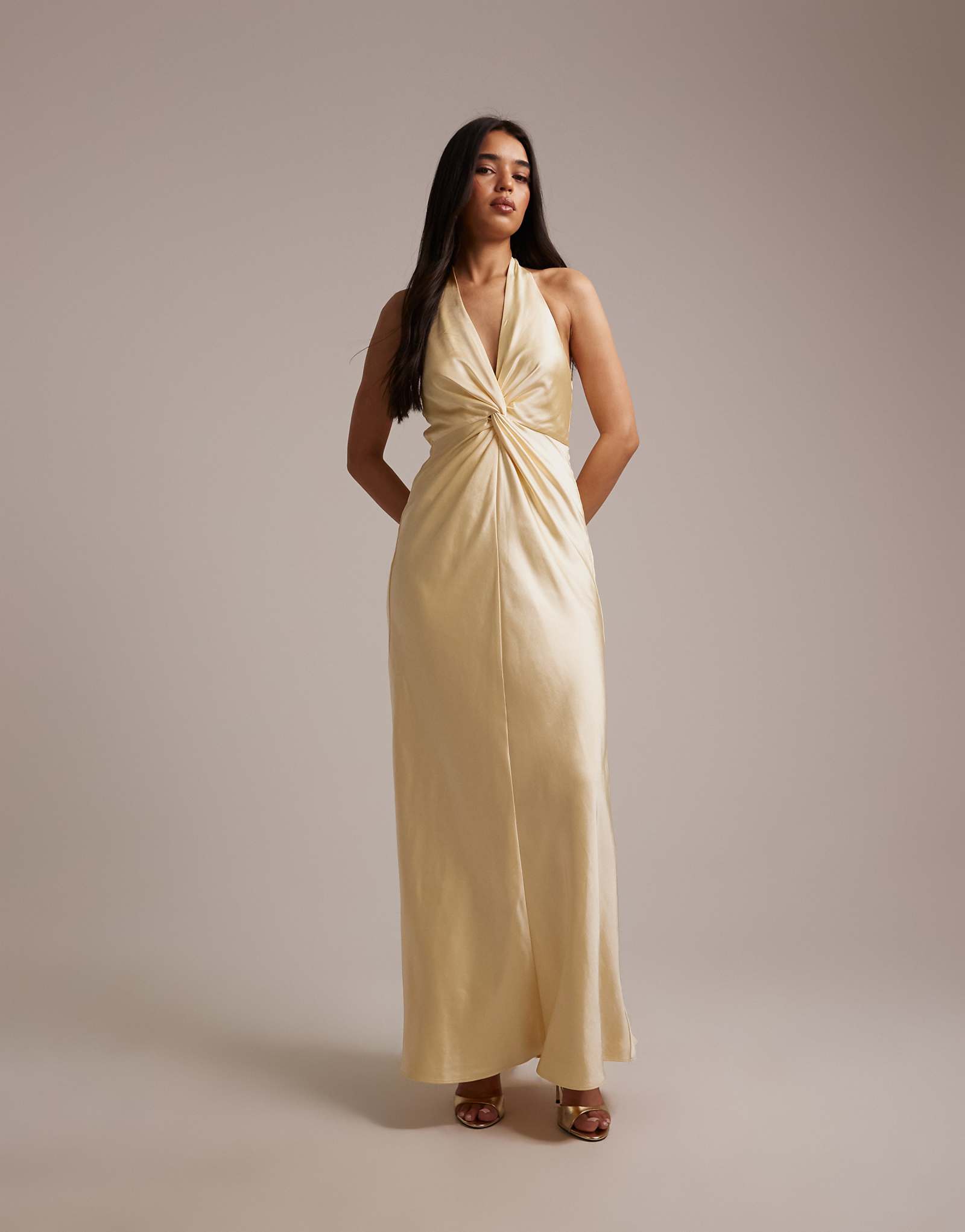 Six Stories Bridesmaids satin plunge neck knot detail maxi dress in lemon lemon 43790₽