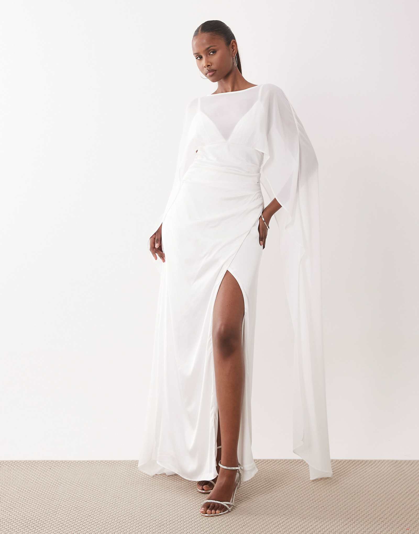TFNC Bridal mesh cape detail satin cami maxi dress in ivory ivory 21890₽
