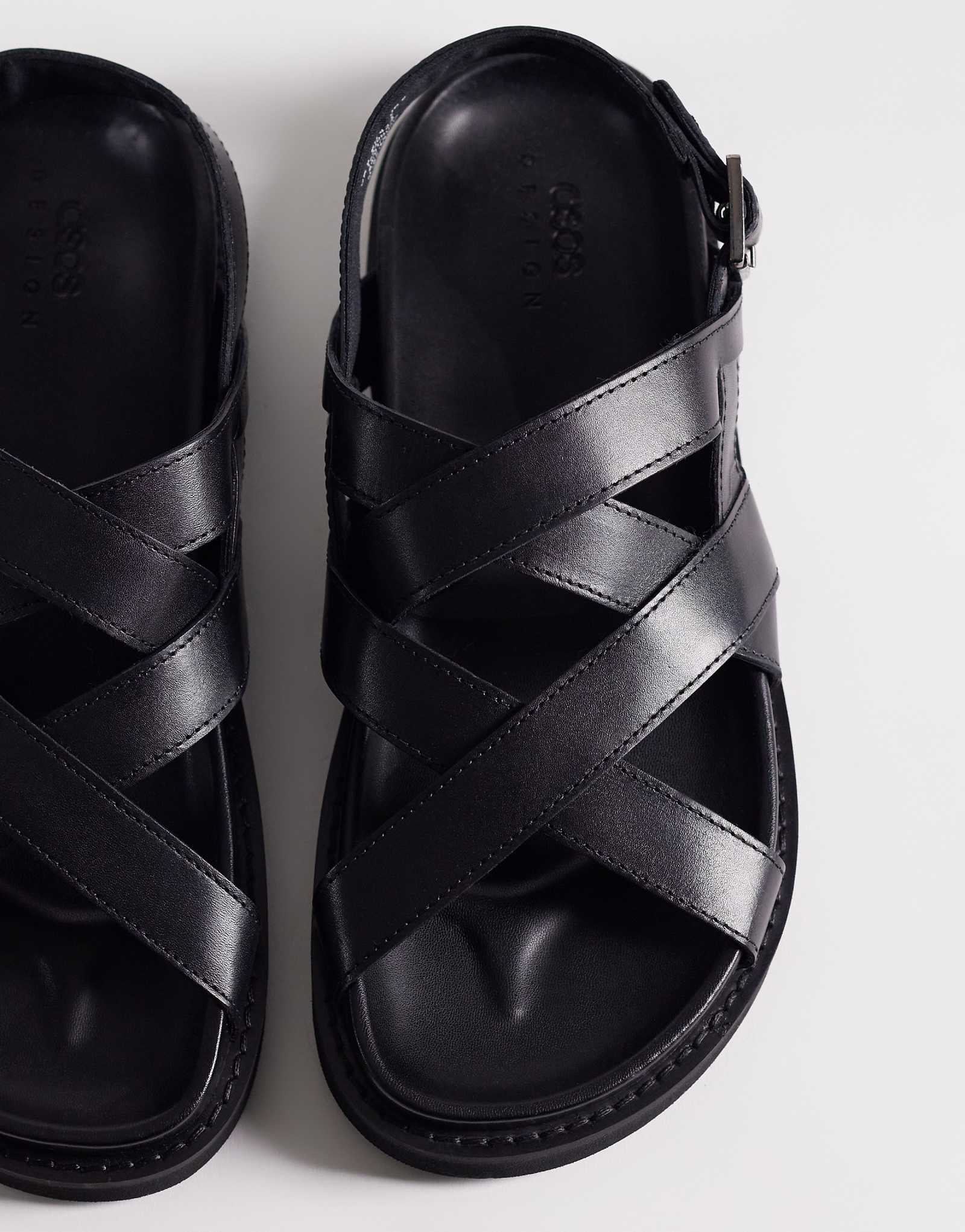 ASOS DESIGN cross over strap sandals with buckle detailing in black leather black 12590₽