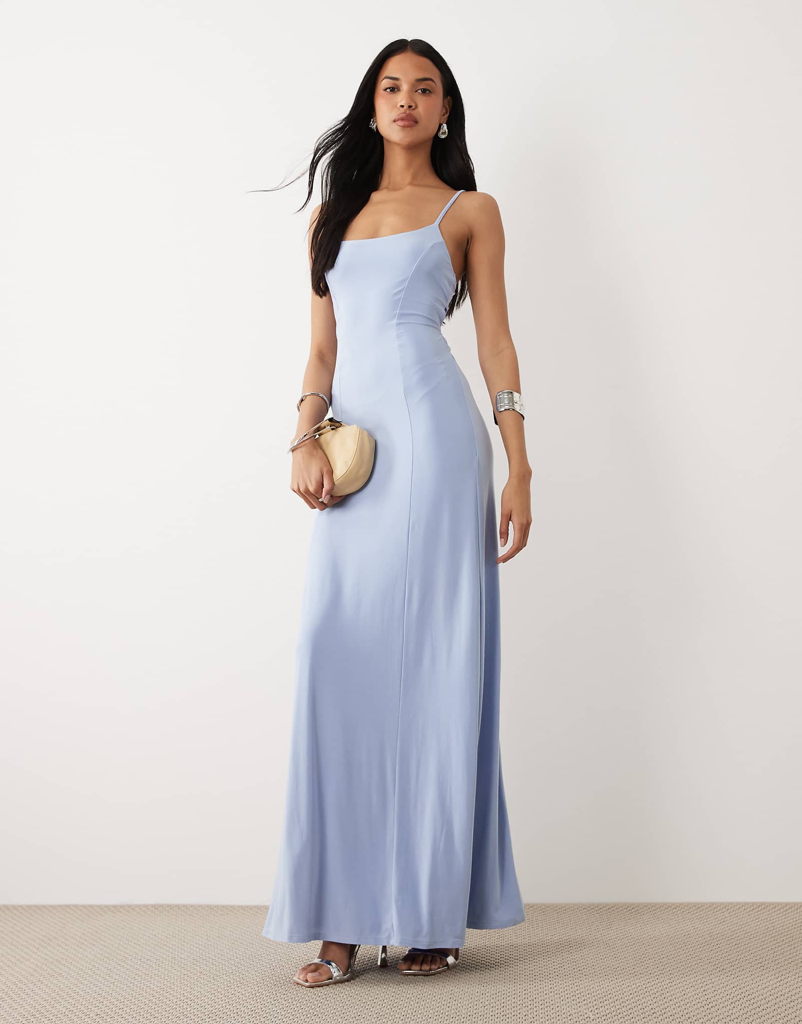 ASOS DESIGN slinky lace up back maxi slip dress in pastel blue blue 11590₽