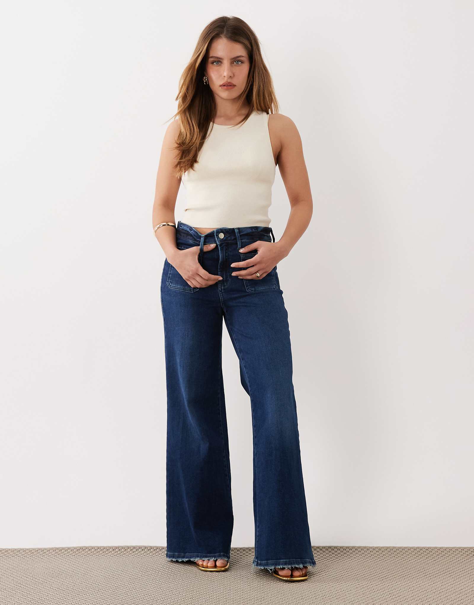 Good American Petite soft tech good waist palazzo jeans in dark blue wash indigo 511