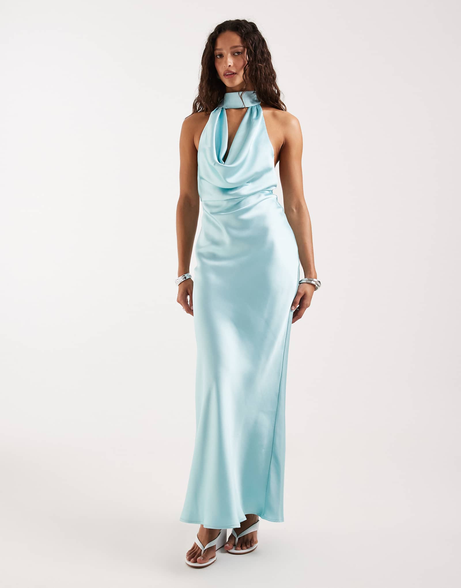 Pretty Lavish choker cowl neck low back satin maxi dress in soft aqua soft aqua 29690₽