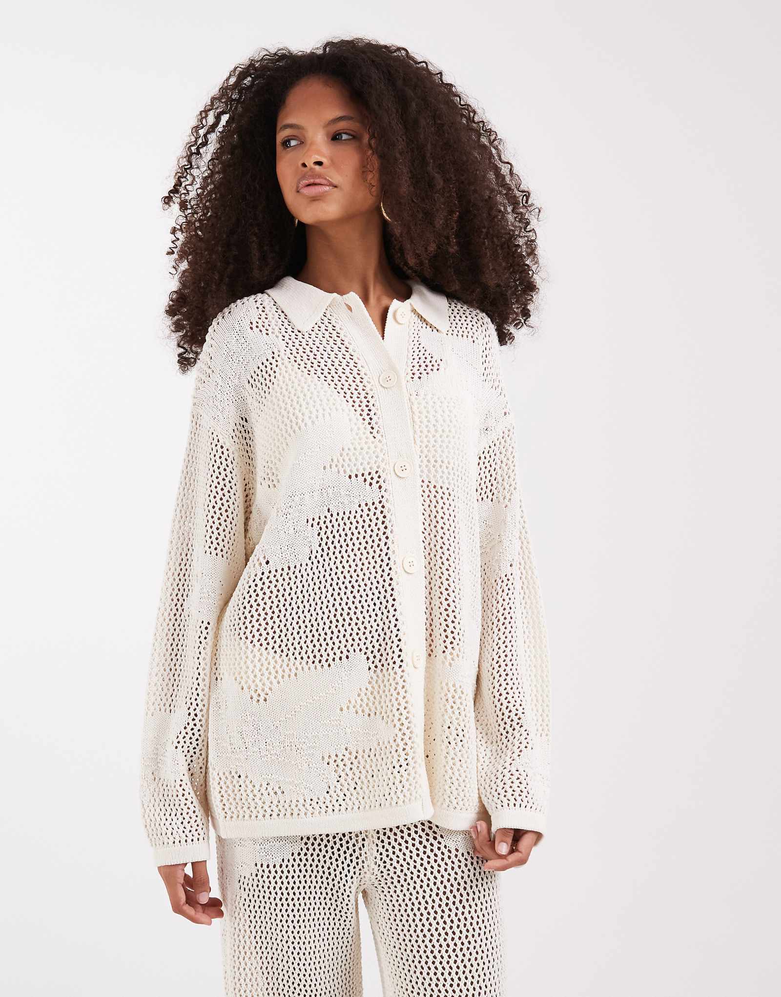 Pretty Lavish open knit floral oversized shirt in cream - part of a set cream 17590₽
