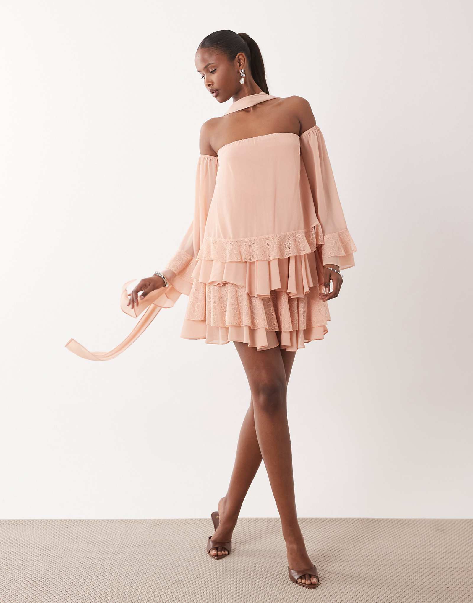TFNC bardot chiffon lace mini dress with scarf in pale pink coral pink 26590₽