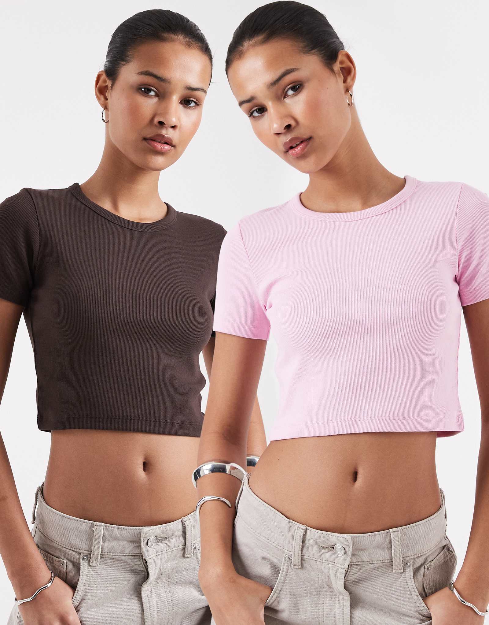 JJXX Florie rib knit cropped baby tees 2 pack in brown -amp pink seal brown 7590₽