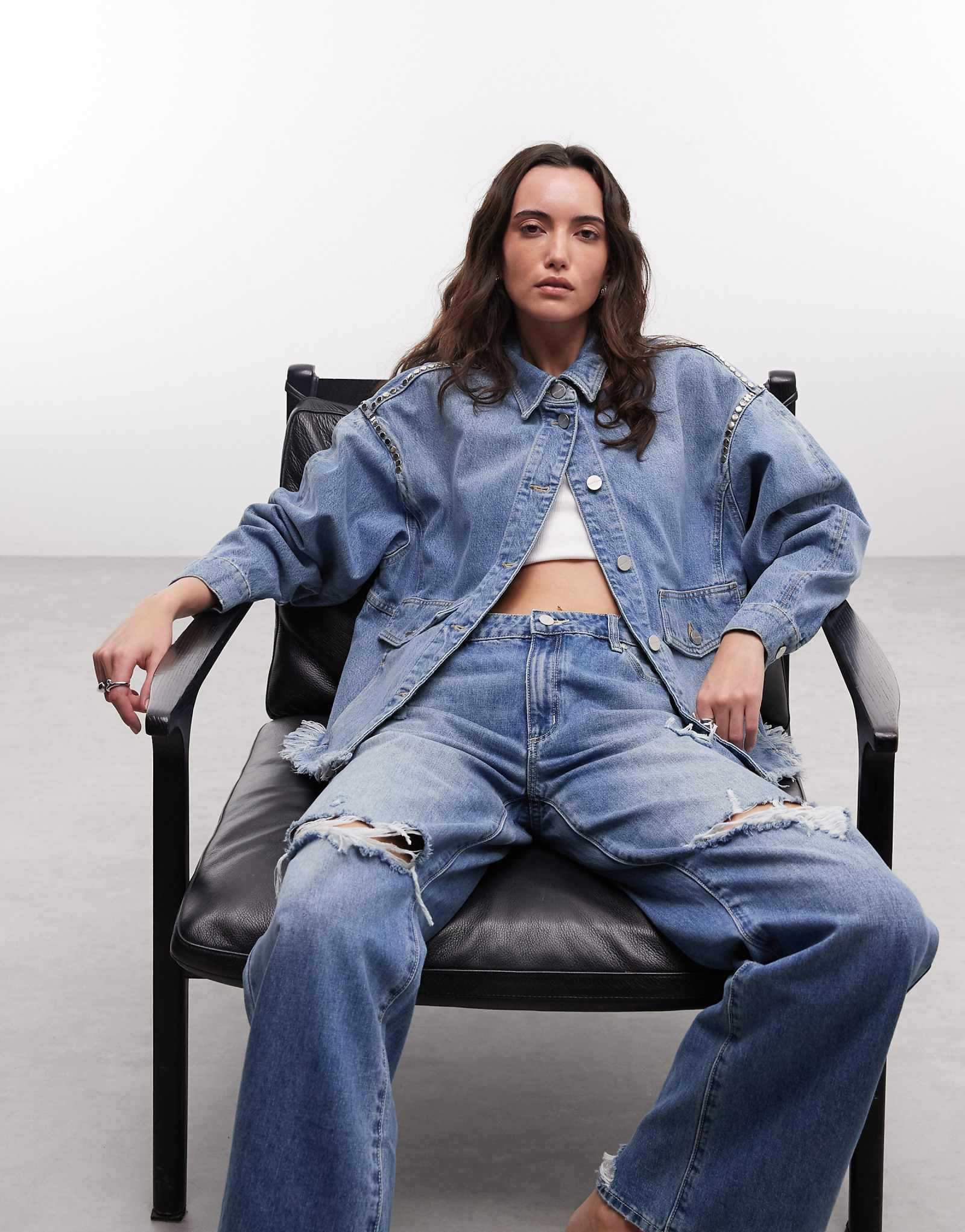 AllSaints hettie studded vintage wash denim jacket in indigo vintage indigo 50990₽