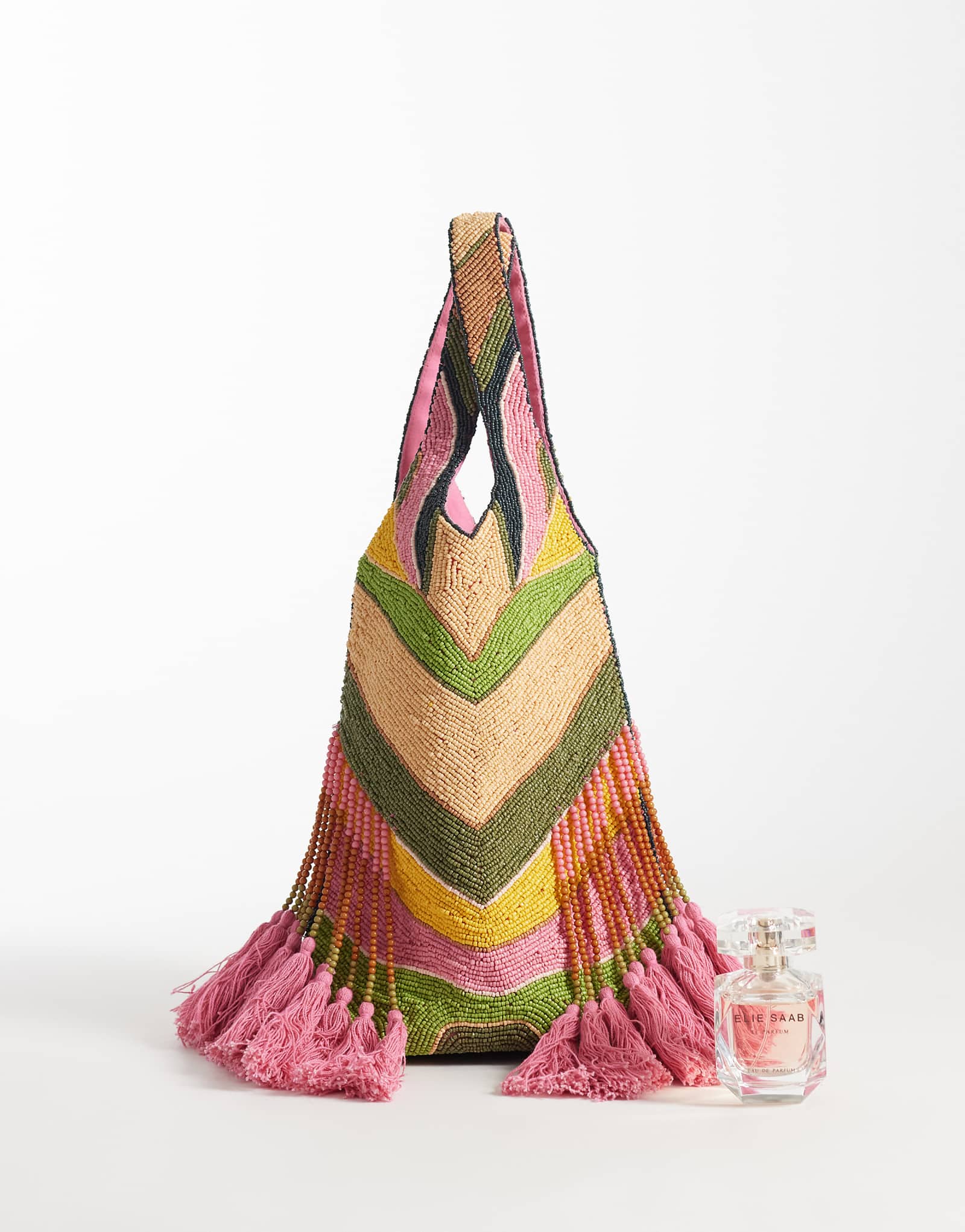 Never Fully Dressed fully beaded grab bag in abstract multi print pink