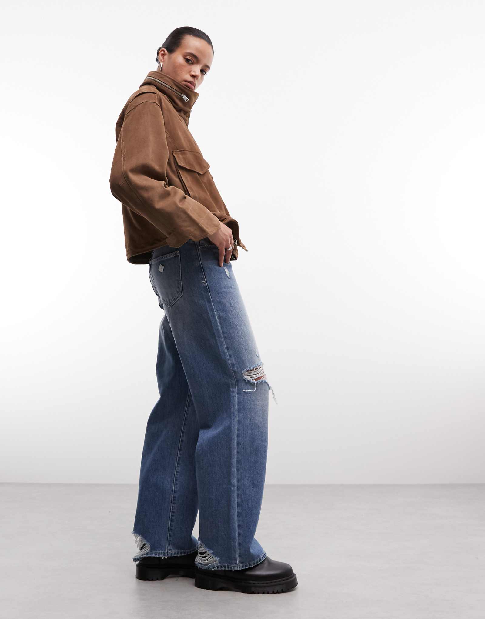 AllSaints Clay funnel neck cropped suede jacket in walnut brown walnut 144190₽