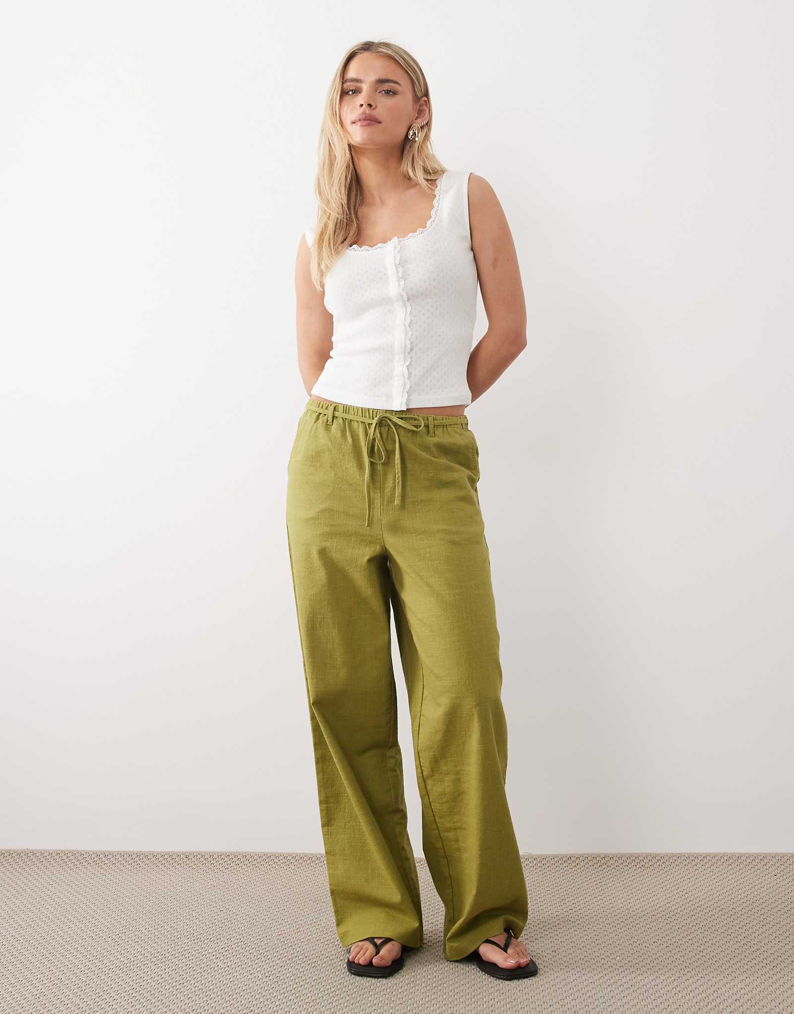 ASOS DESIGN Petite linen look pull on pants in olive green olive 8690₽