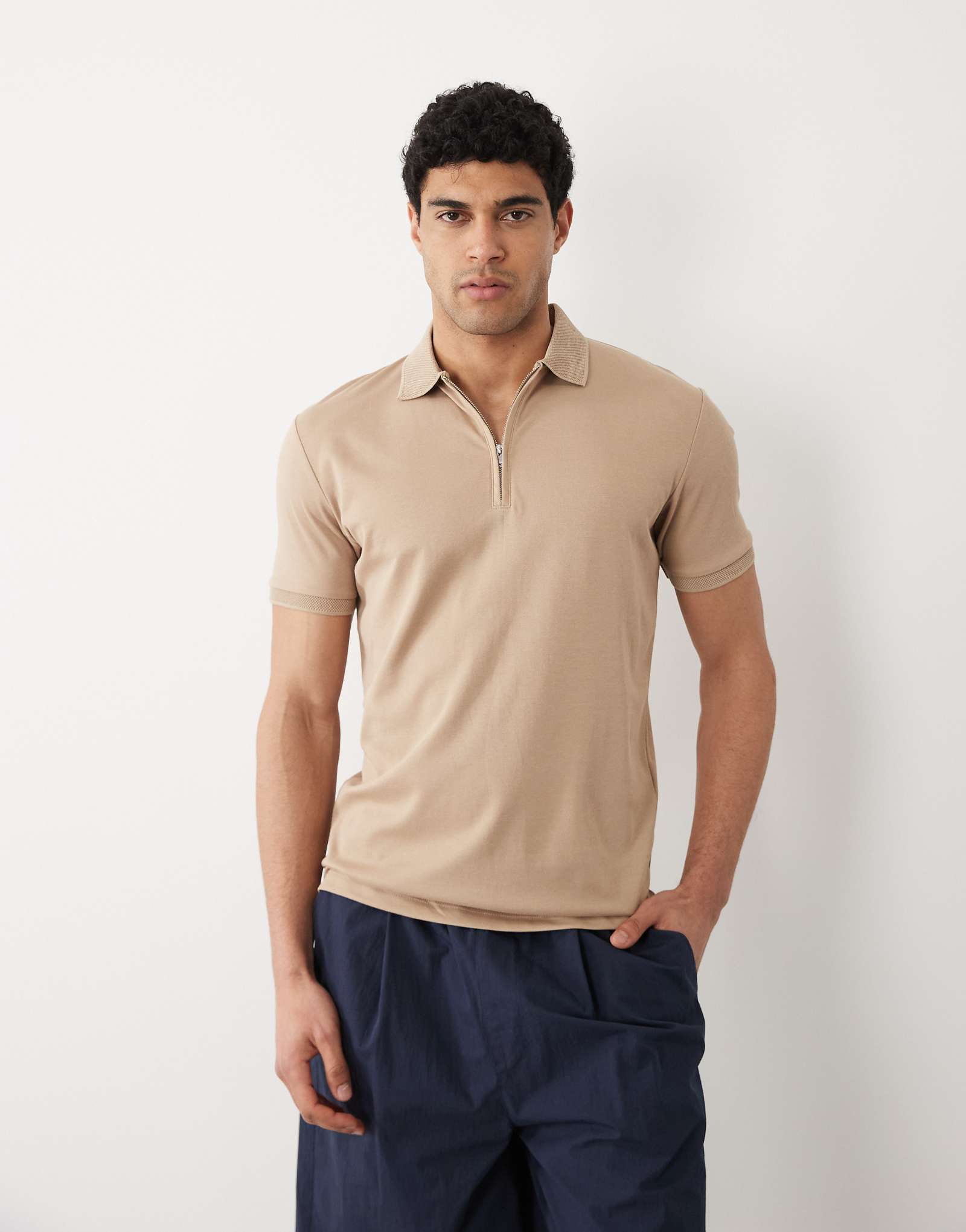 Selected half zip polo shirt in beige savannah tan 11190₽