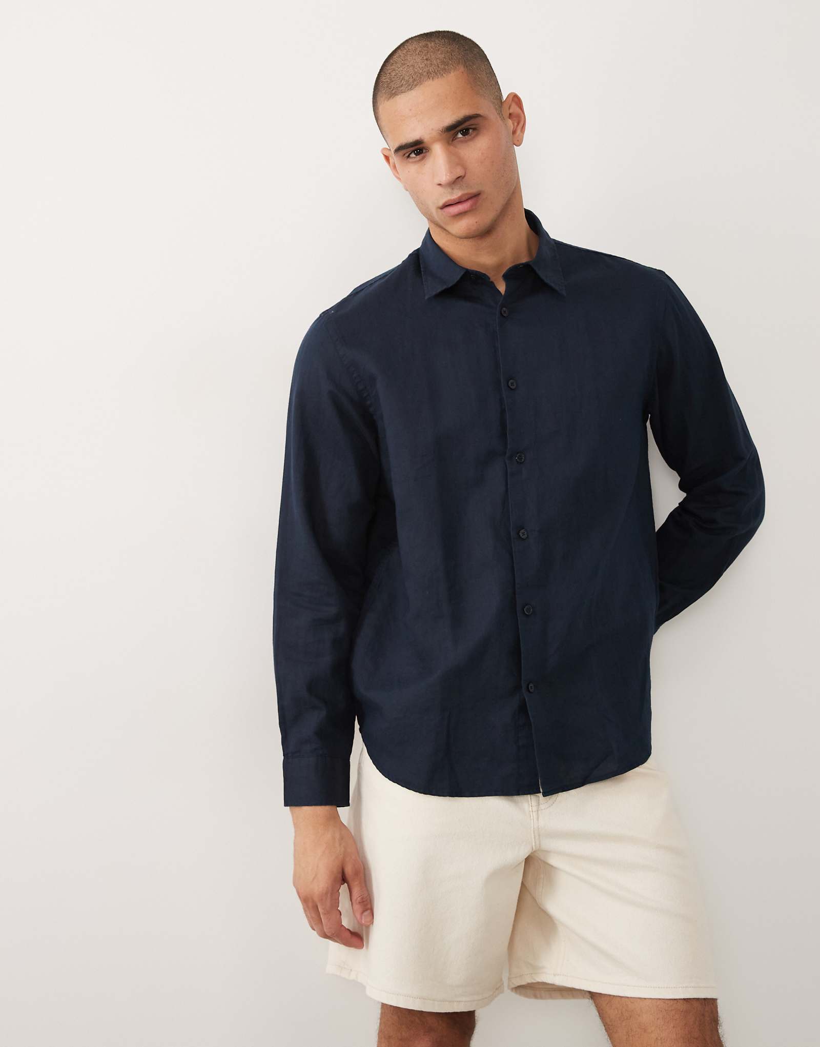 Selected linen blend long sleeve shirt in navy sky captain 17390₽
