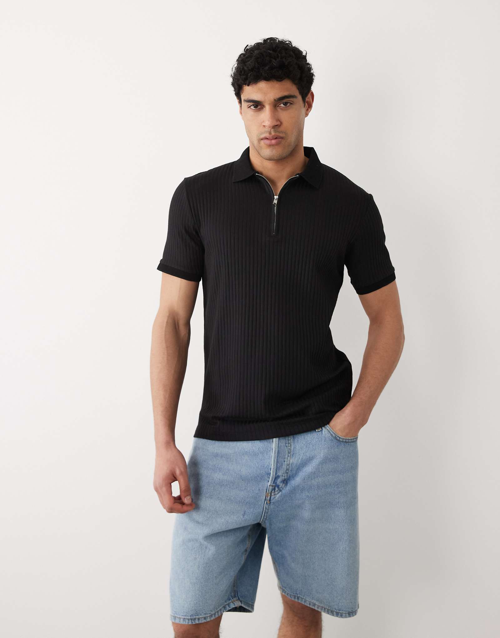 Selected ribbed half zip polo shirt in black black 12190₽