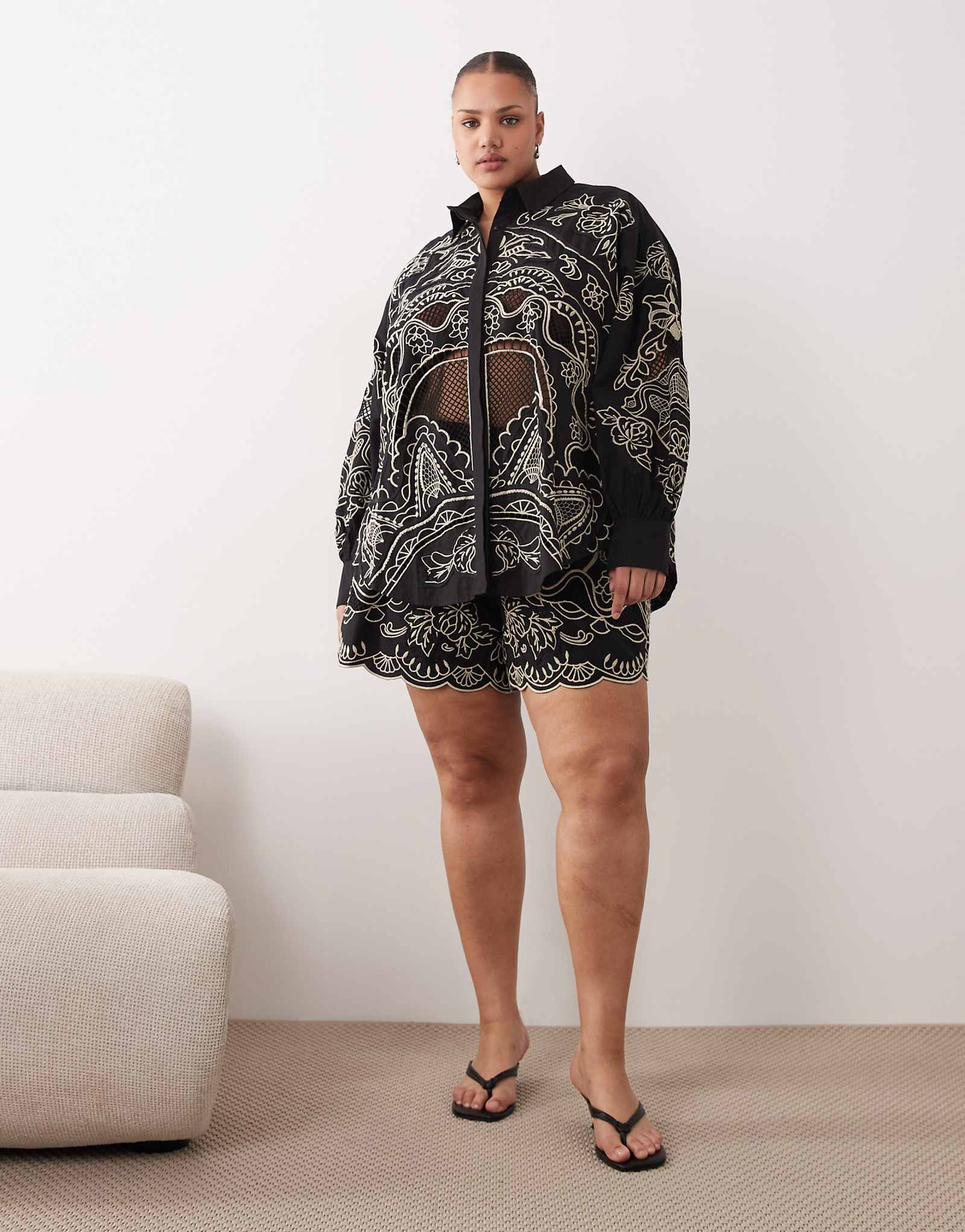 ARRANGE Curve embroidered cutwork cotton shorts in black - part of a set black 21090₽