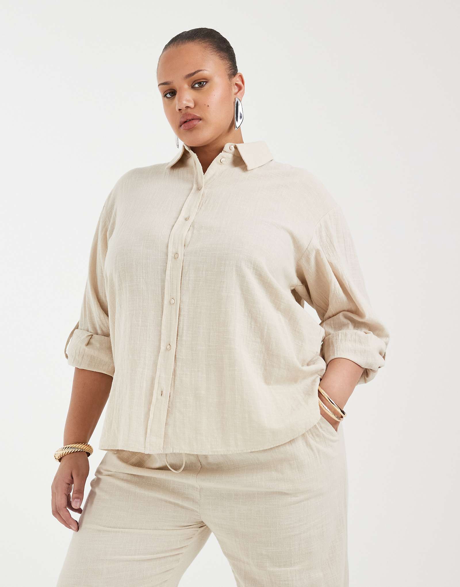 ONLY Curve 100 cotton long sleeve shirt in light beige - part of a set silver lining 11190₽