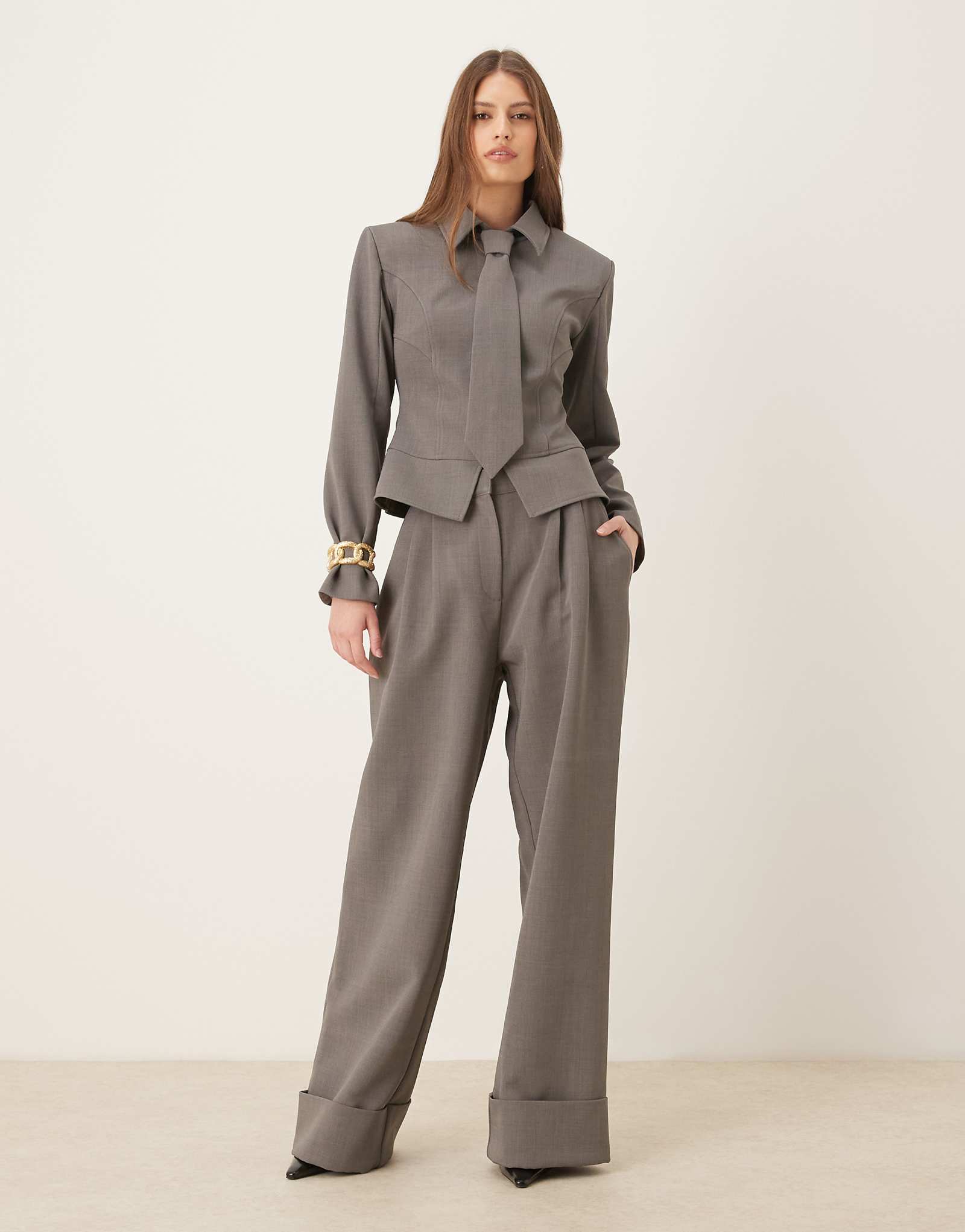 Wanderdoll exclusive Gabriella tailored wide leg pants with cuffs in gray - part of a set 23990₽