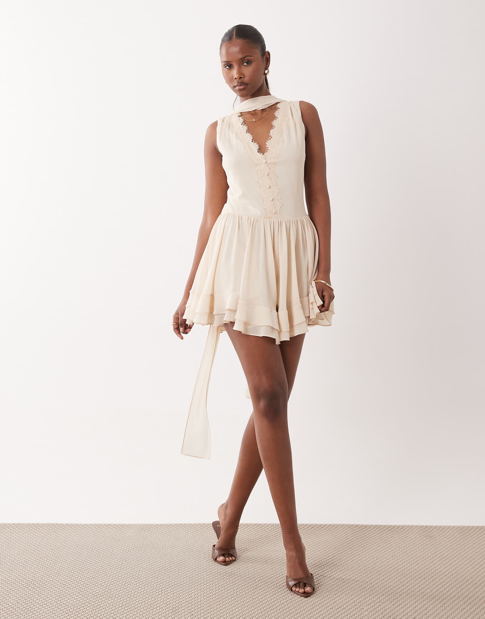 TFNC chiffon v-neck lace detail scarf romper in cream cream