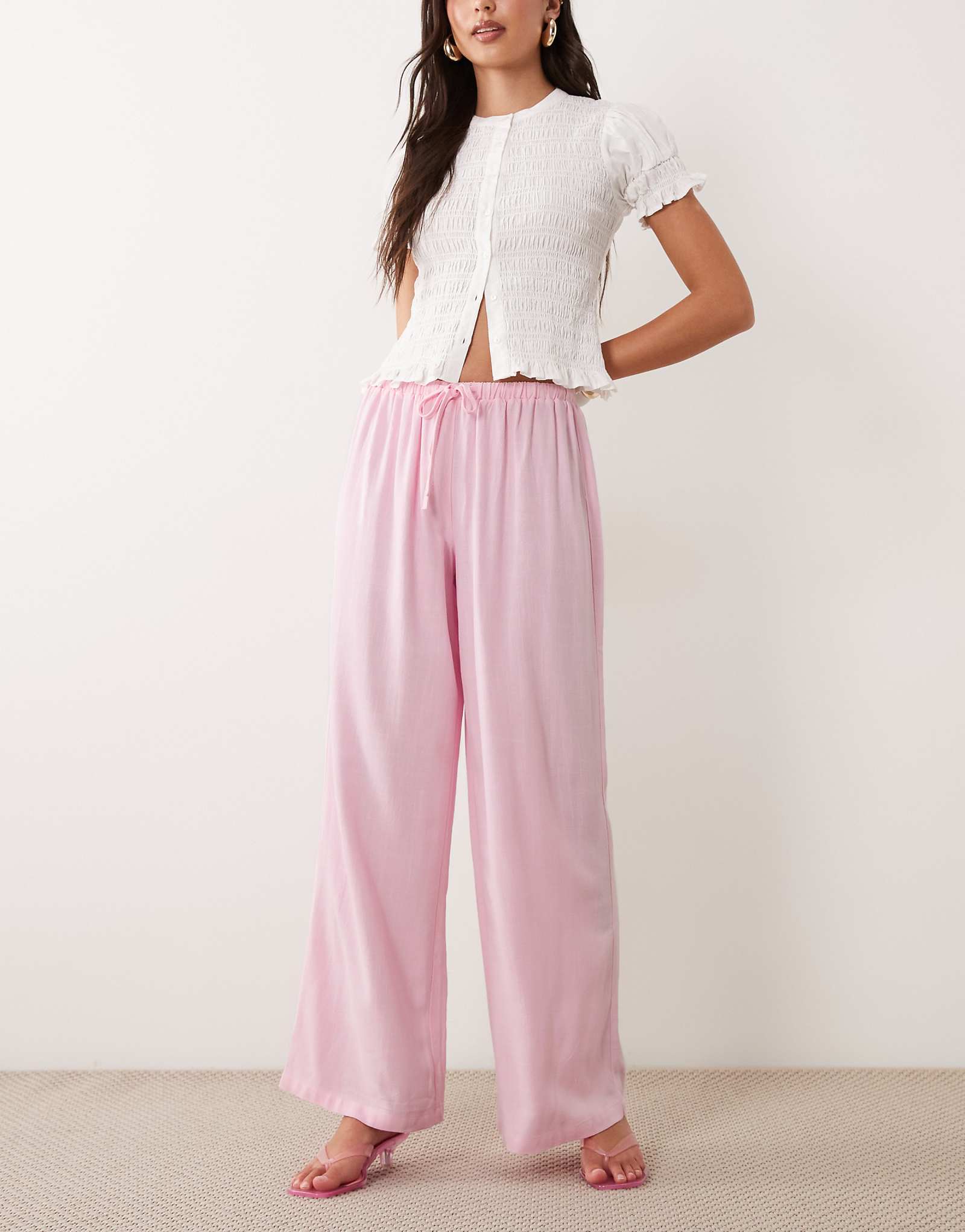 The Frolic exclusive linen blend elastic waist wide leg pants in pink pink