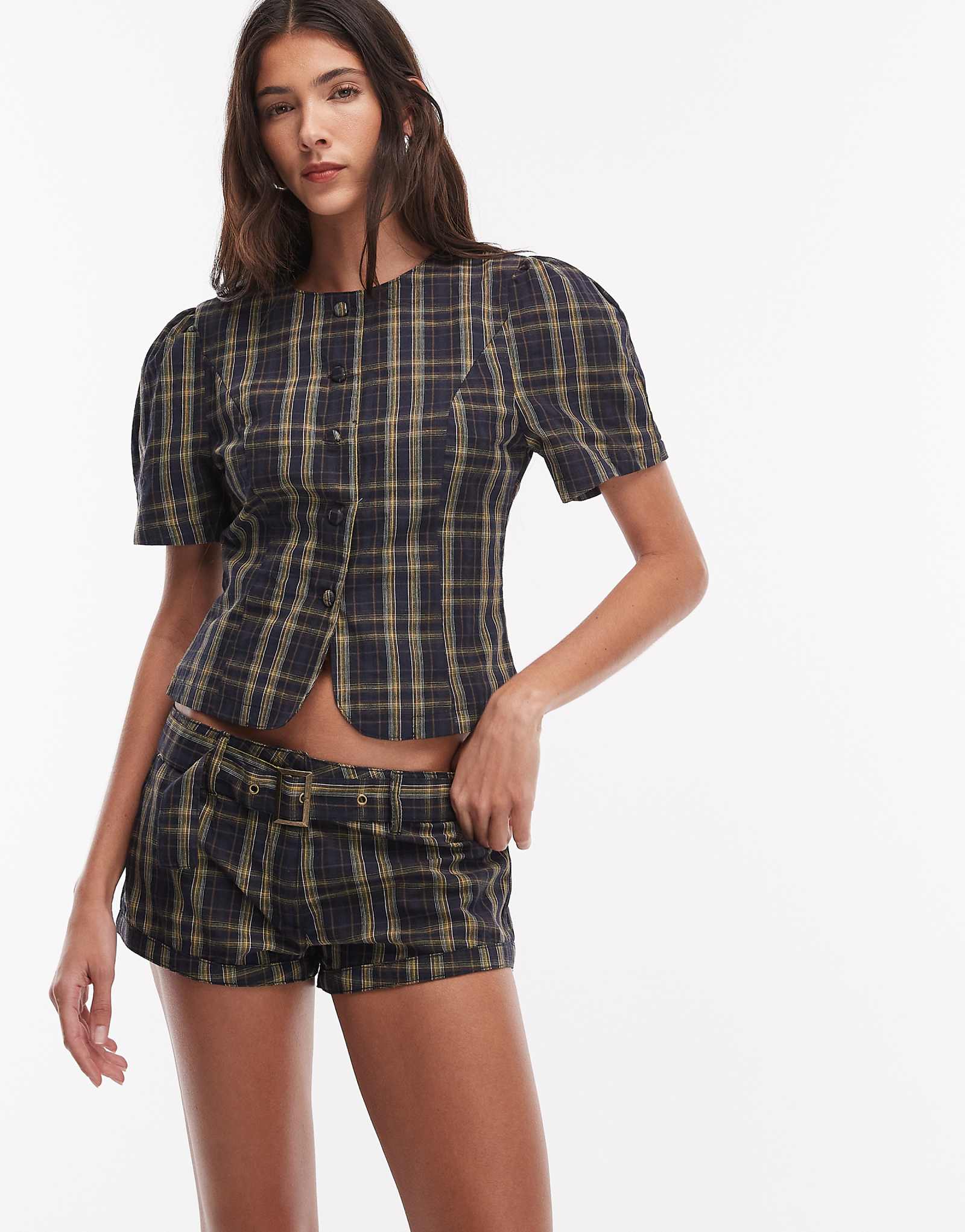 Lioness Afterglow cotton rich belt detail mini shorts in navy and lemon plaid - part of a set navy - lemon