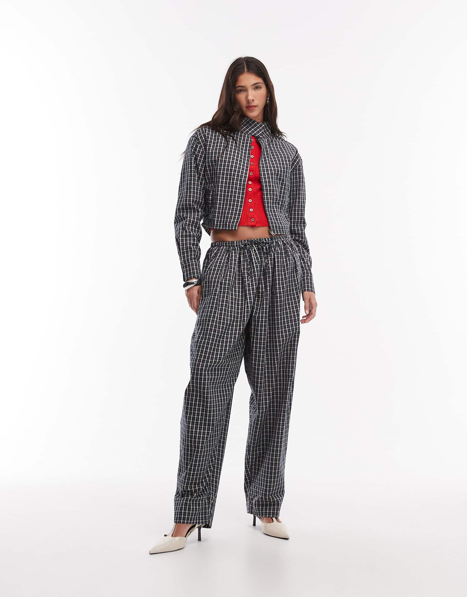 Lioness Aura tie waist wide leg pants in navy lemon plaid - part of a set navy lemon plaid 21890₽