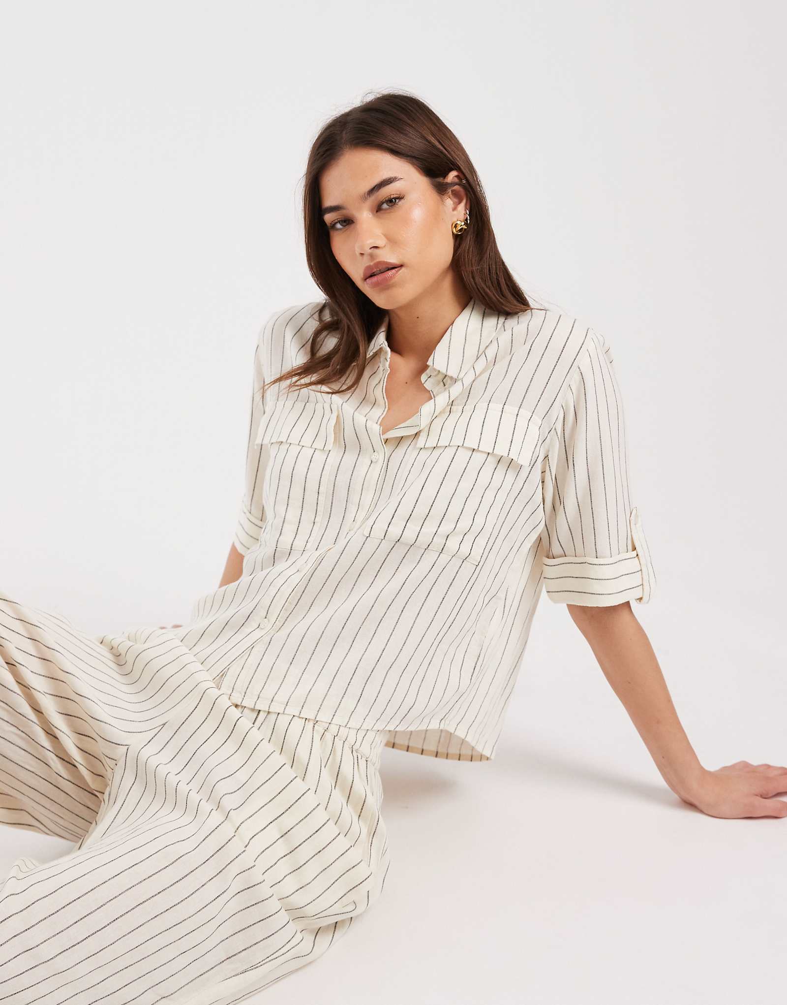 AWARE linen blend sleeve detail safari shirt in white and black stripe - part of a set snow white black 13590₽