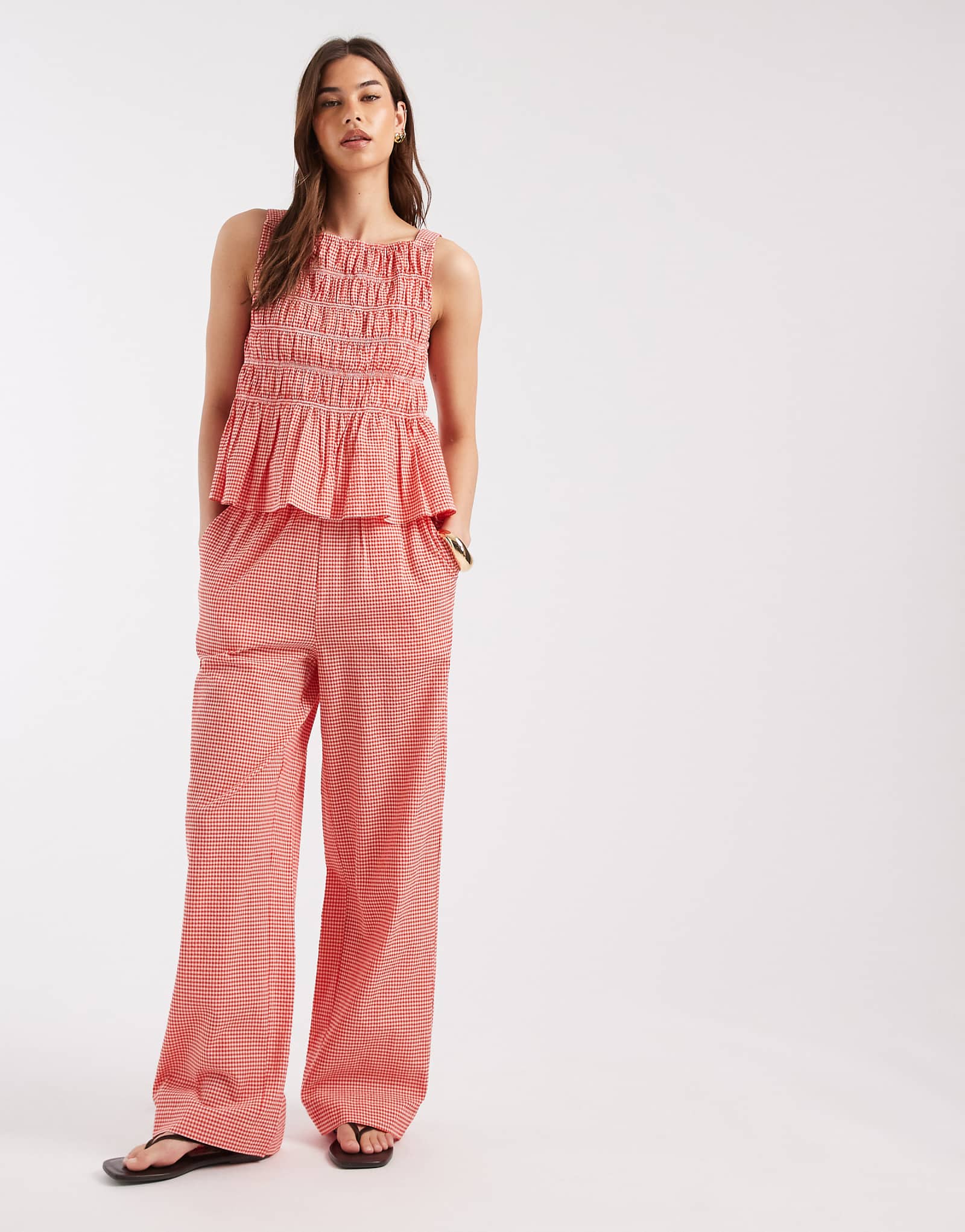 AWARE seersucker relaxed pants in red and white plaid - part of a set red white 16290₽