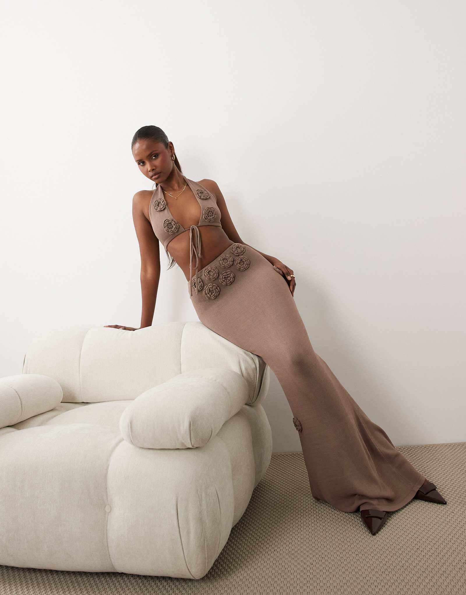 Wanderdoll Daisy knit corsage detail maxi skirt in warm beige - part of a set warm beige 18590₽