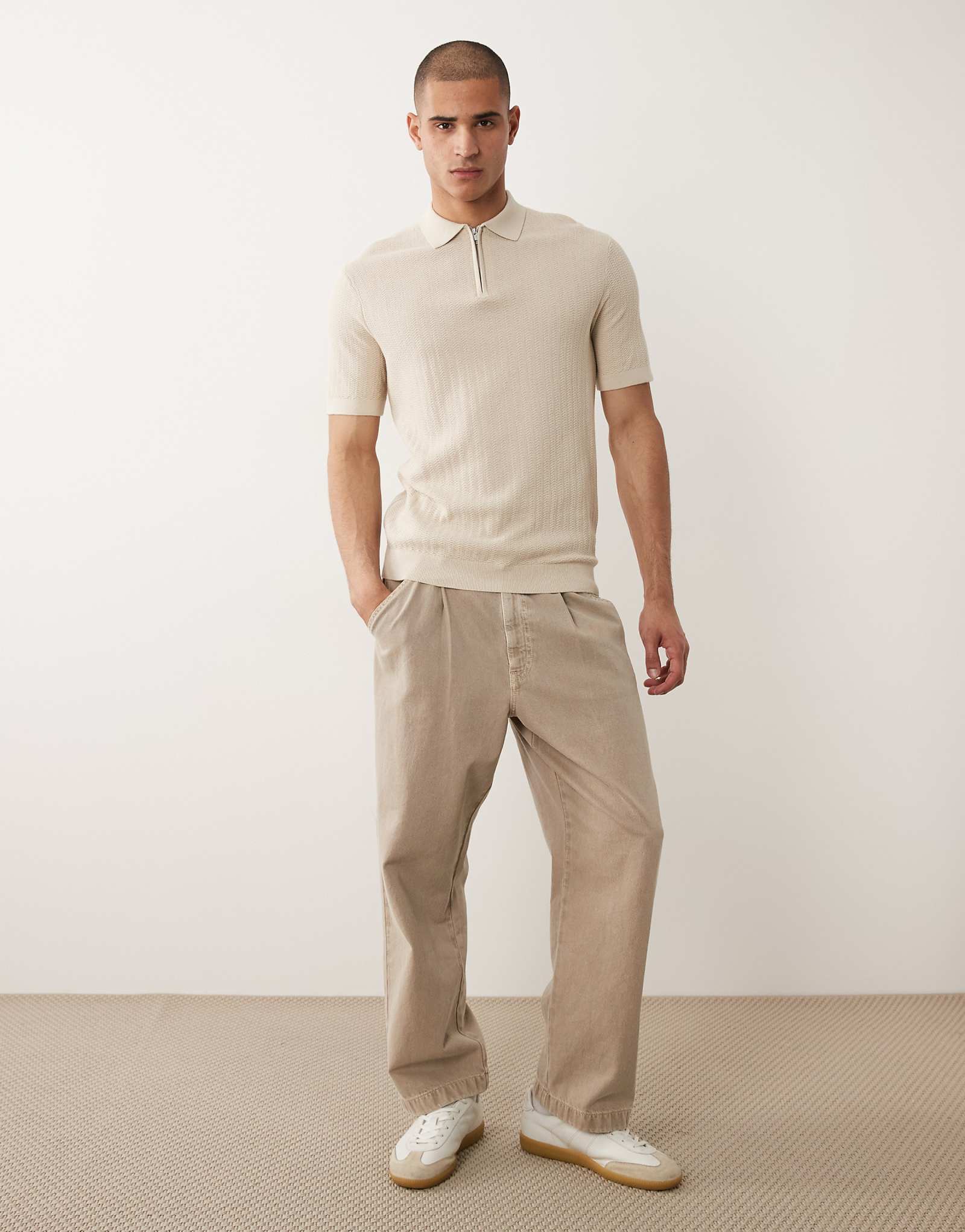 Selected quarter zip polo shirt in beige oatmeal 12590₽