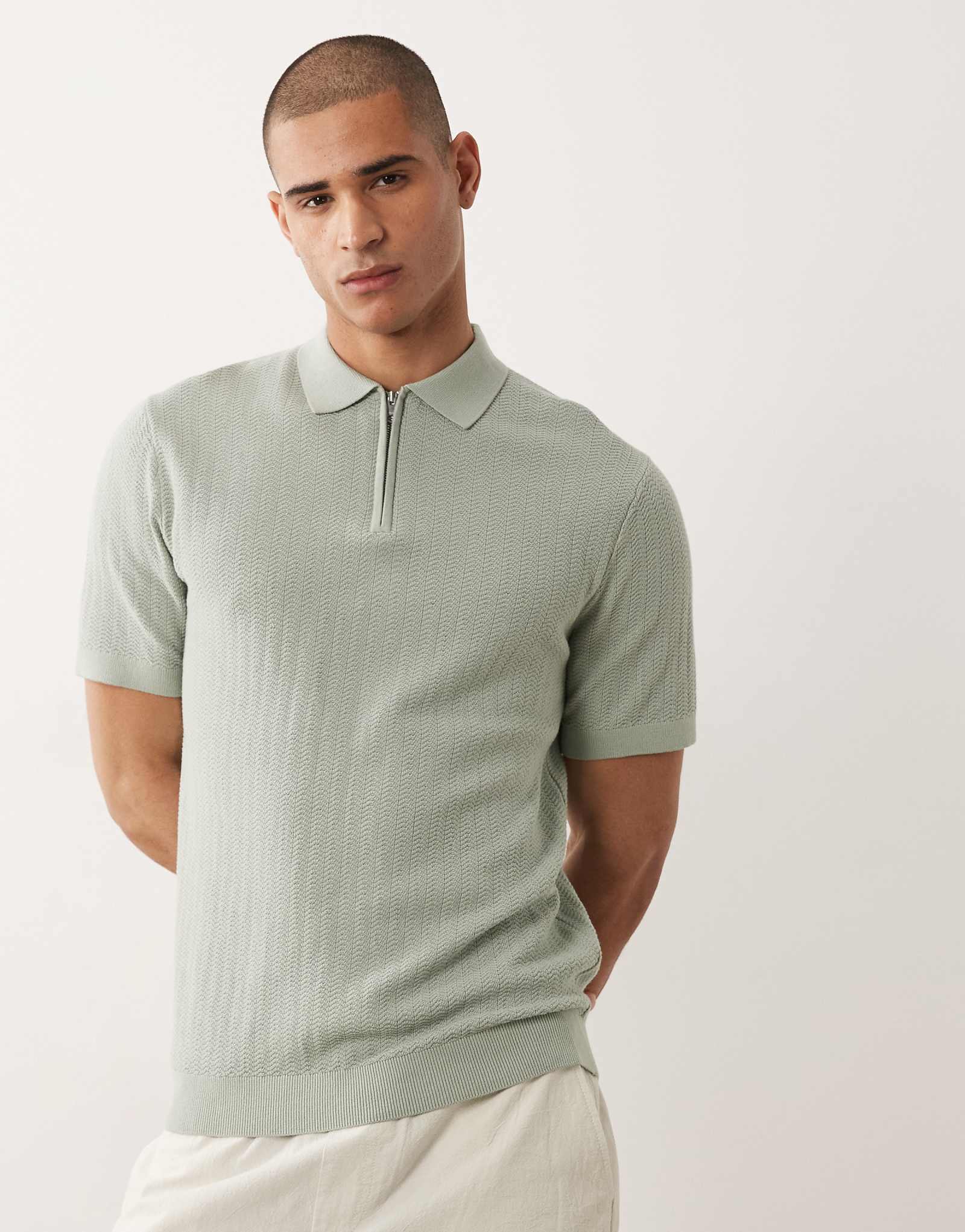 Selected zip polo shirt in sage green aqua gray 12590₽