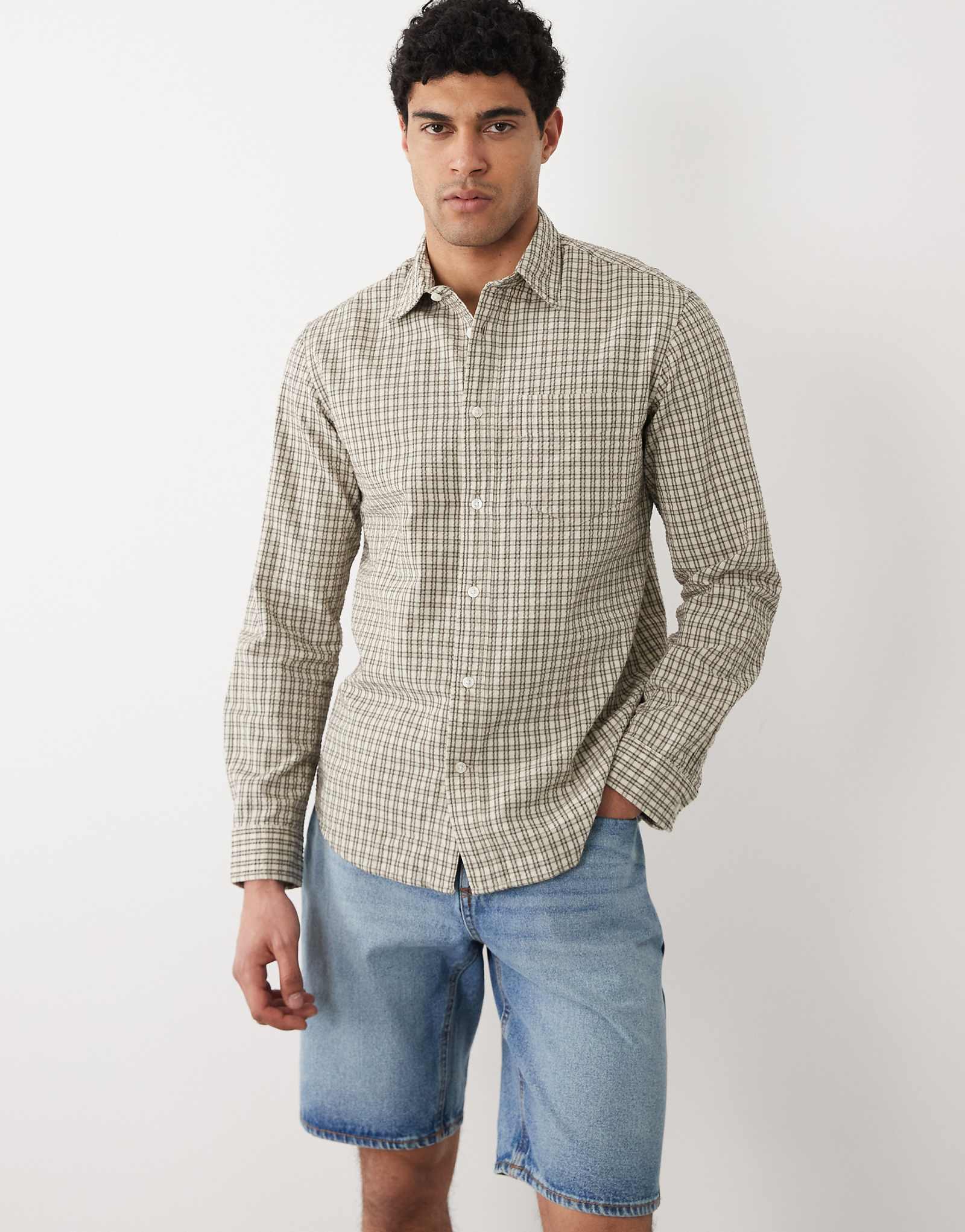 Selected 100 cotton long sleeve seersucker shirt in beige plaid oatmeal 12590₽
