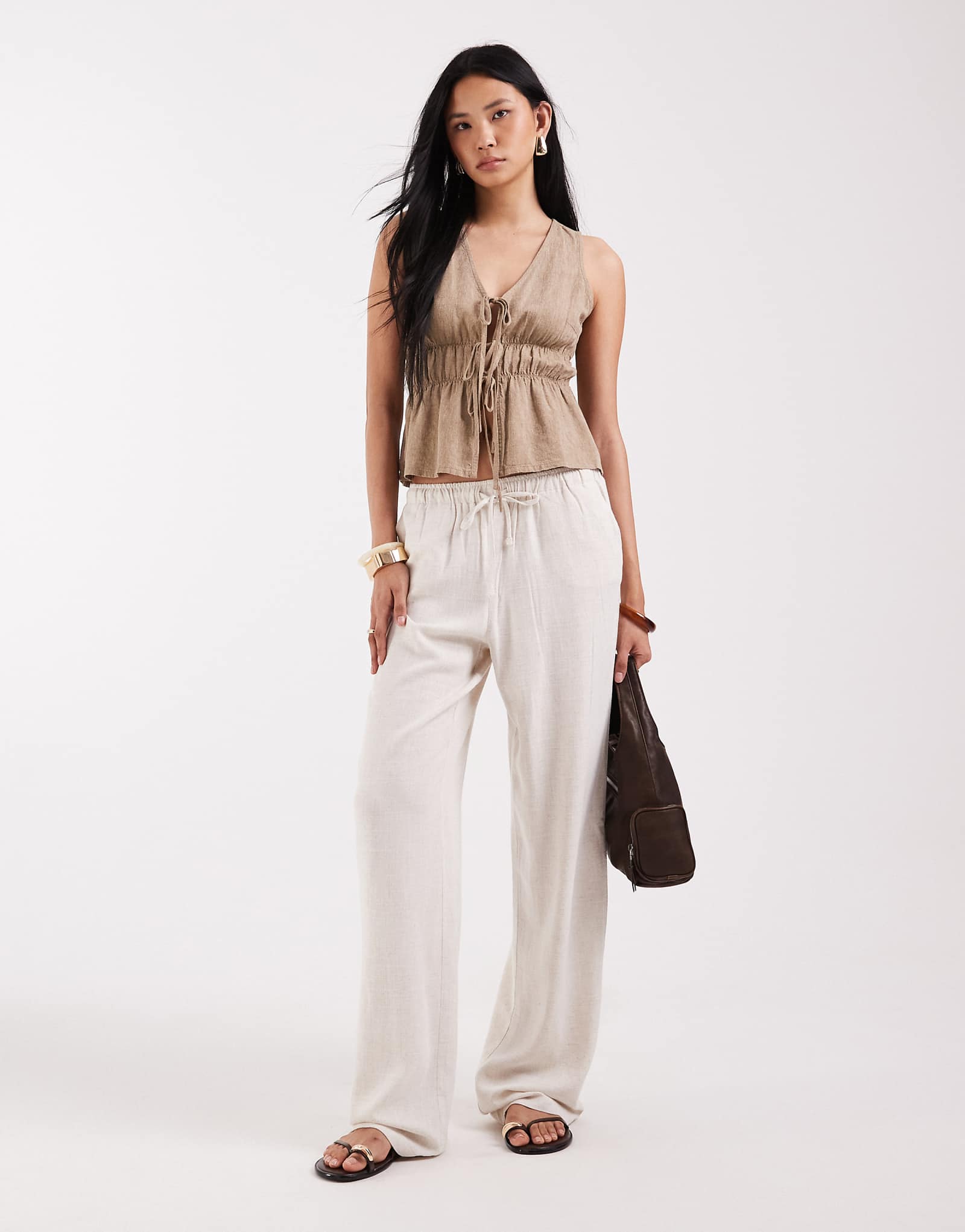 ONLY Tall linen mix pull-on wide leg pants in beige moonbeam 11190₽