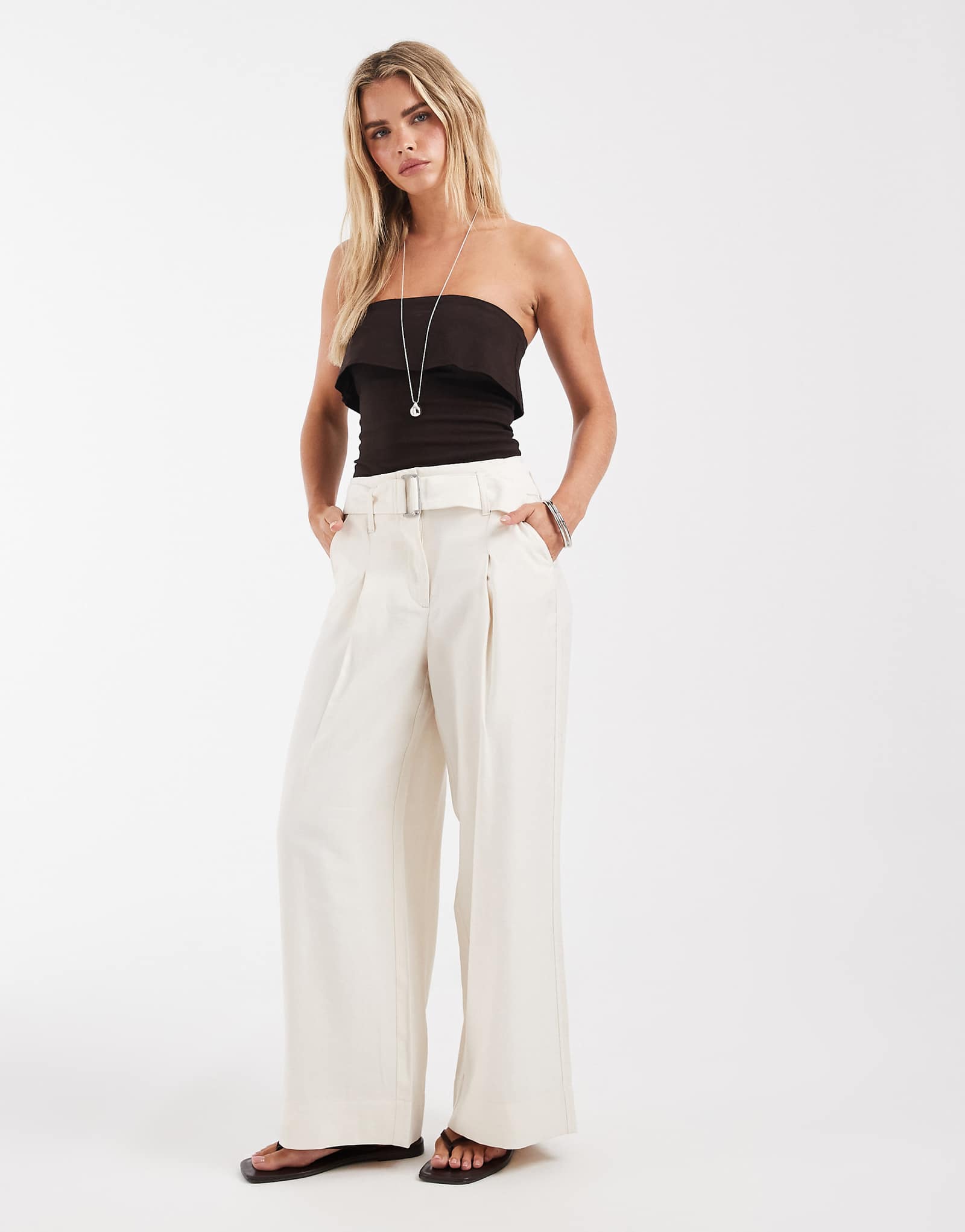 ONLY Petite high waist wide leg tailored pants in cream cloud dancer 12190₽