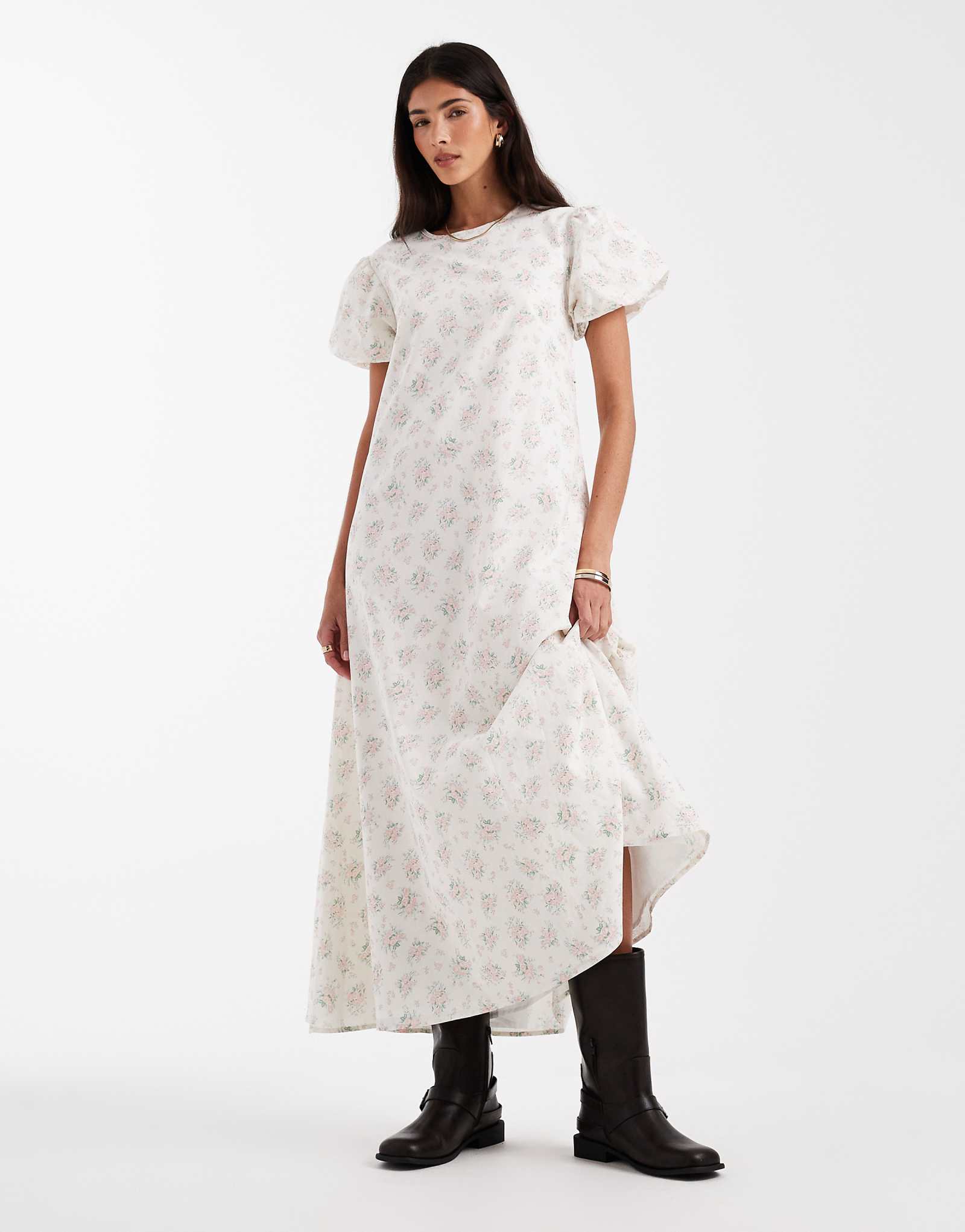 Daisy Street throw on smock midi dress with puff sleeves in white delicate floral white ditsy 14190₽