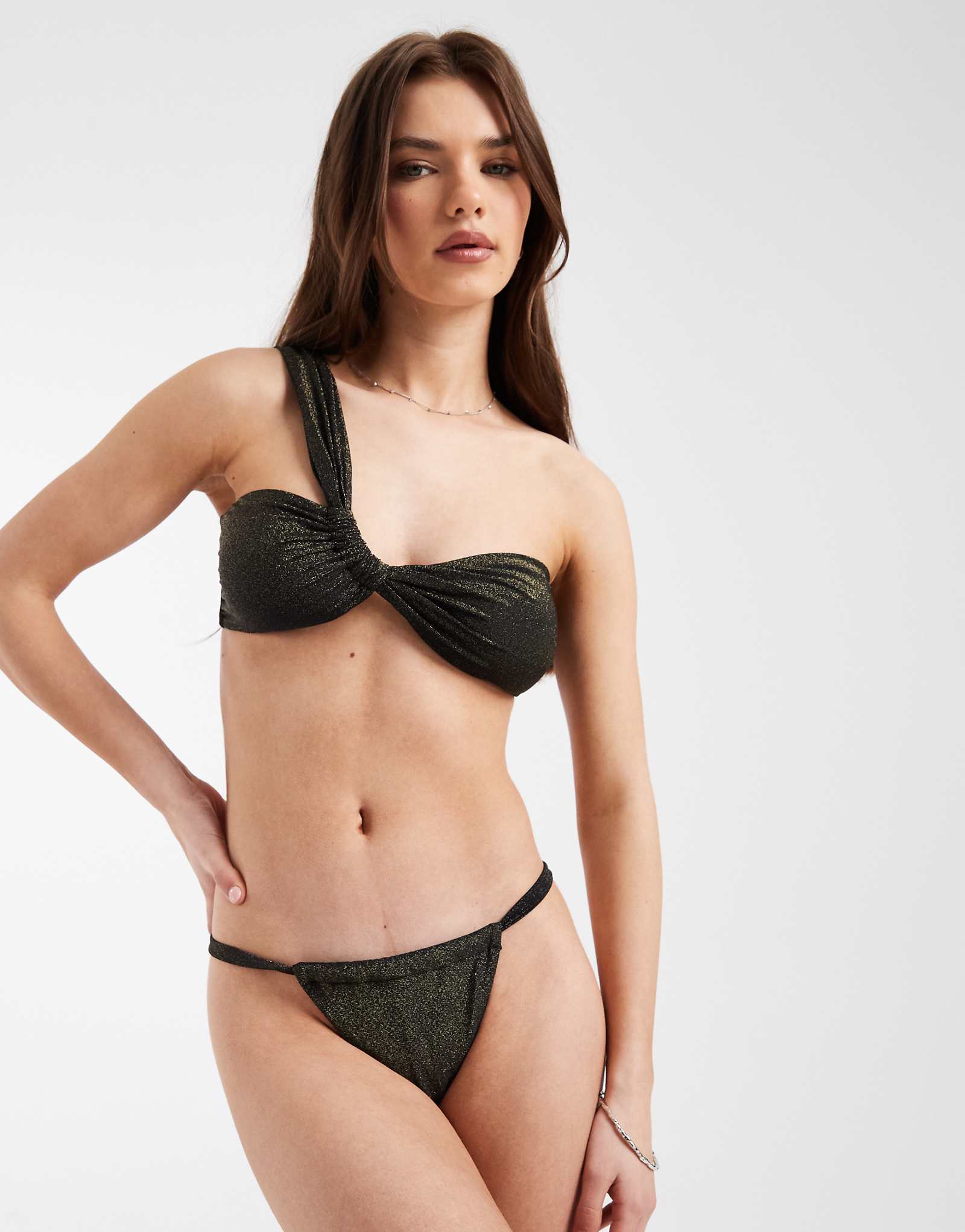 PIECES string side bikini bottoms in black and gold glitter - part of a set black gold glitter 6390₽