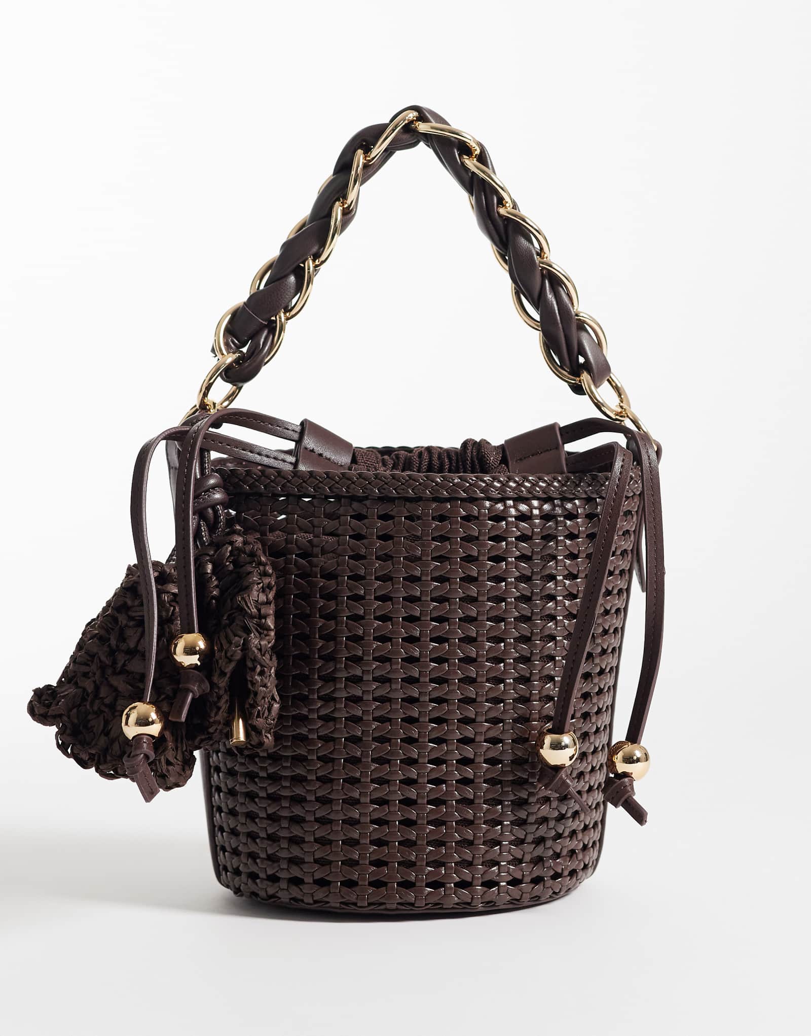 River Island metal handle woven bucket bag in brown brown 14490₽